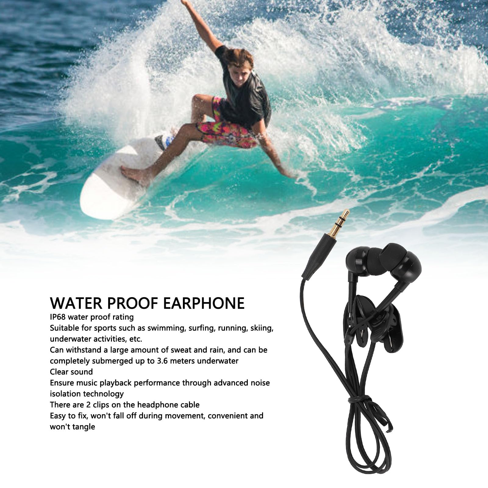 SIXRUN Écouteurs Intra-Auriculaires Filaires pour Natation, Cordon Court de 40 Cm avec Connecteur 3,5 Mm, 8 Embouts Auriculaires et 2 Clips pour Natation, Surf et Course.
