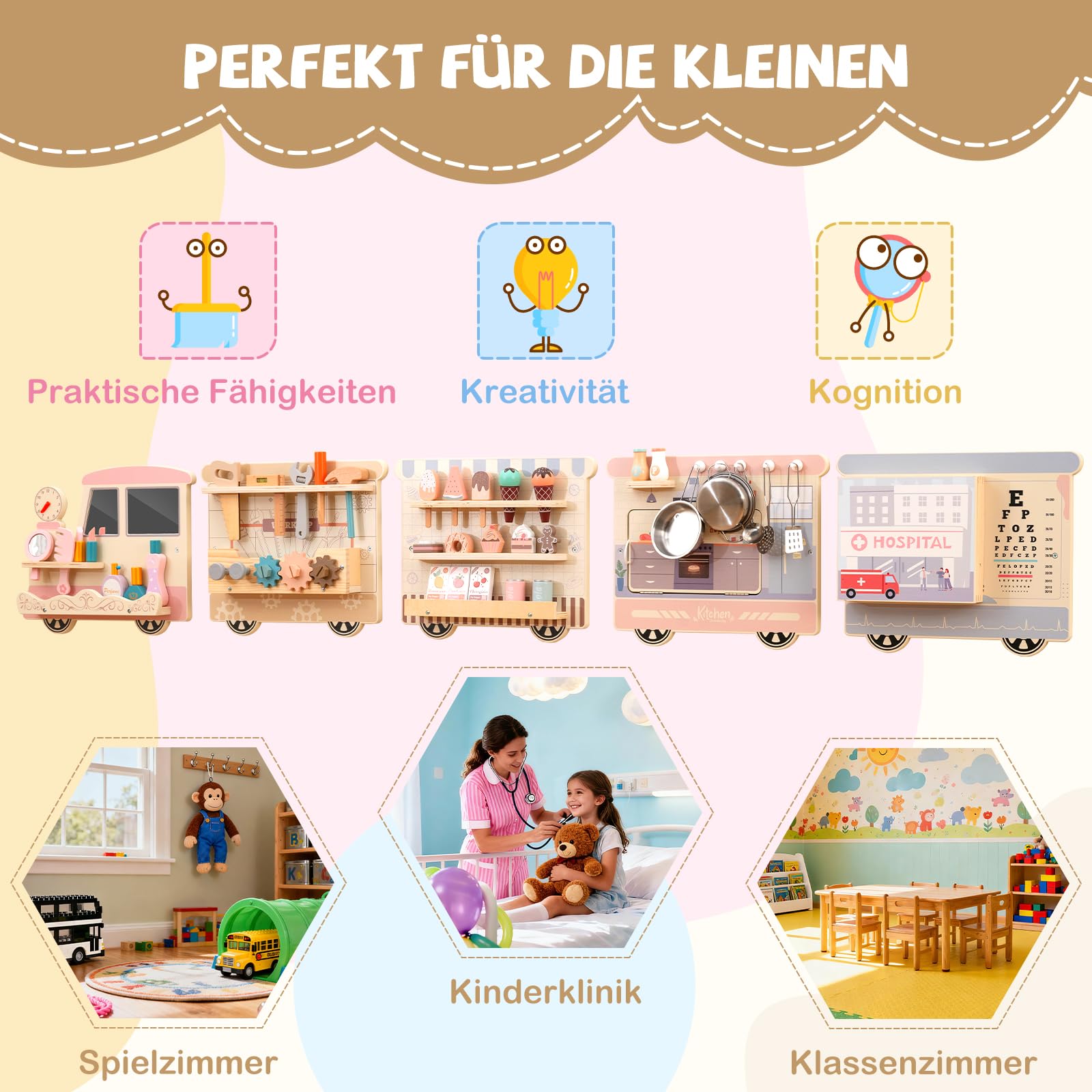 COSTWAY Montessori Motorikbrett, 5-in-1 Busy Board mit Schminkset, Werkzeugkasten, Spielküche, Arztset & Eisdiele, Sensorik Motorikbrett Holz, Montessori Spielzeug für Kinder ab 1 Jahr