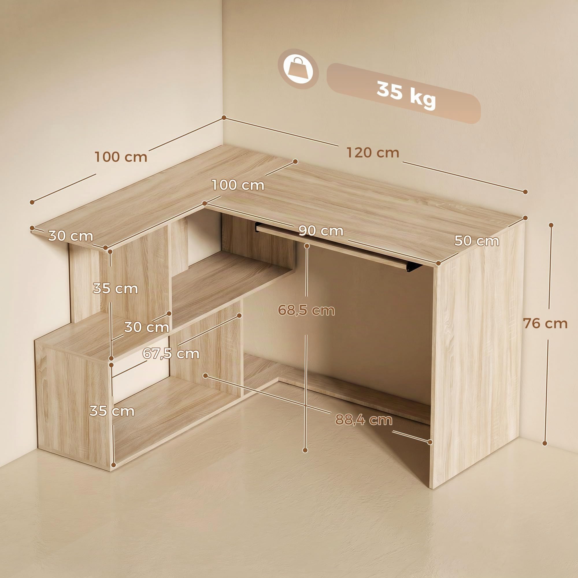 HOMCOM Bureau d'angle avec Plateau pour Clavier en L 120 x 100 cm Naturel