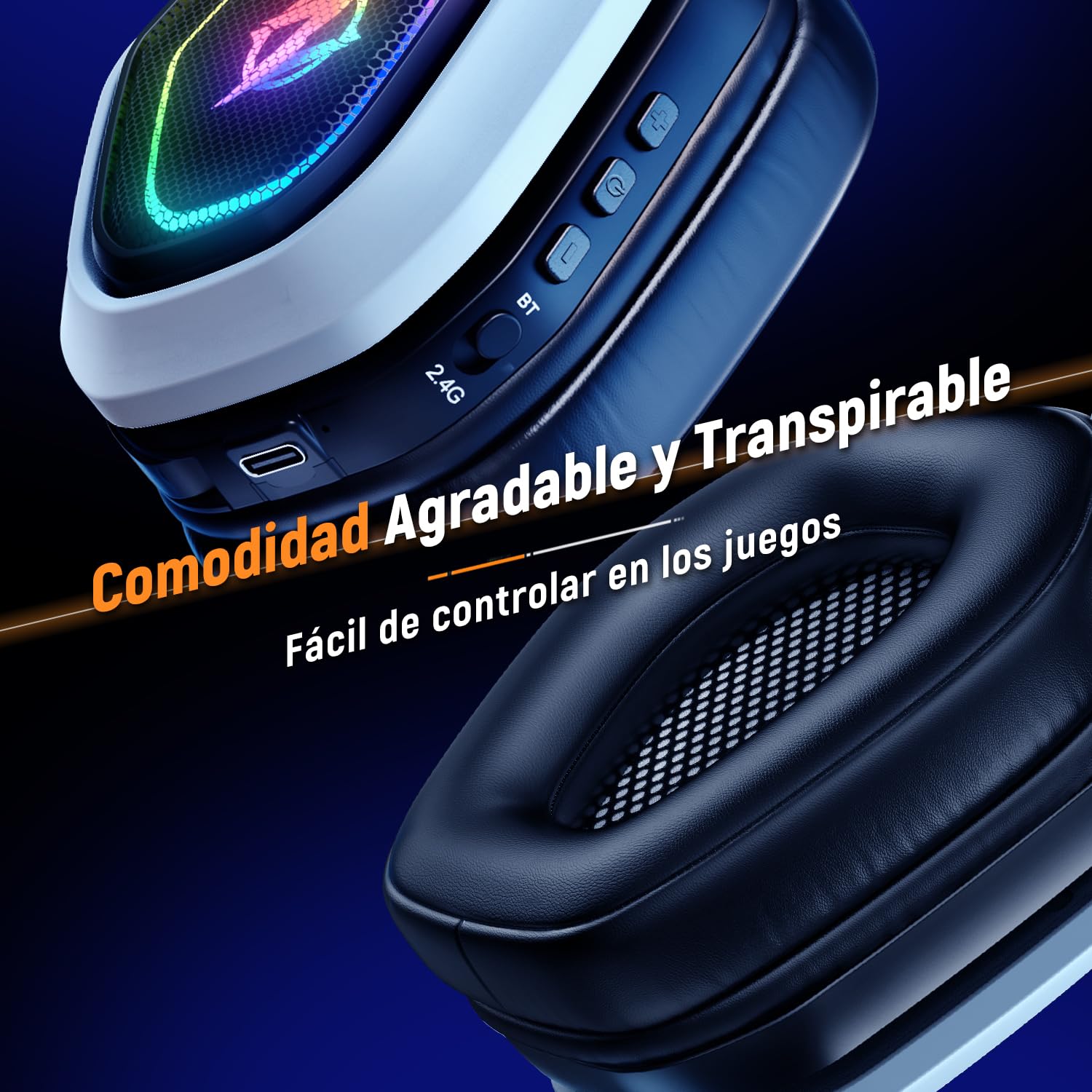 Ozeino Cascos Gaming Inalámbricos para PC/Ps5/Ps4, Auriculares Gaming Inalámbricos de 2,4GHz Wireless+Bluetooth, Baja Latencia Calidad de Sonido sin Pérdidas, Duración 30Hr+ Blanco