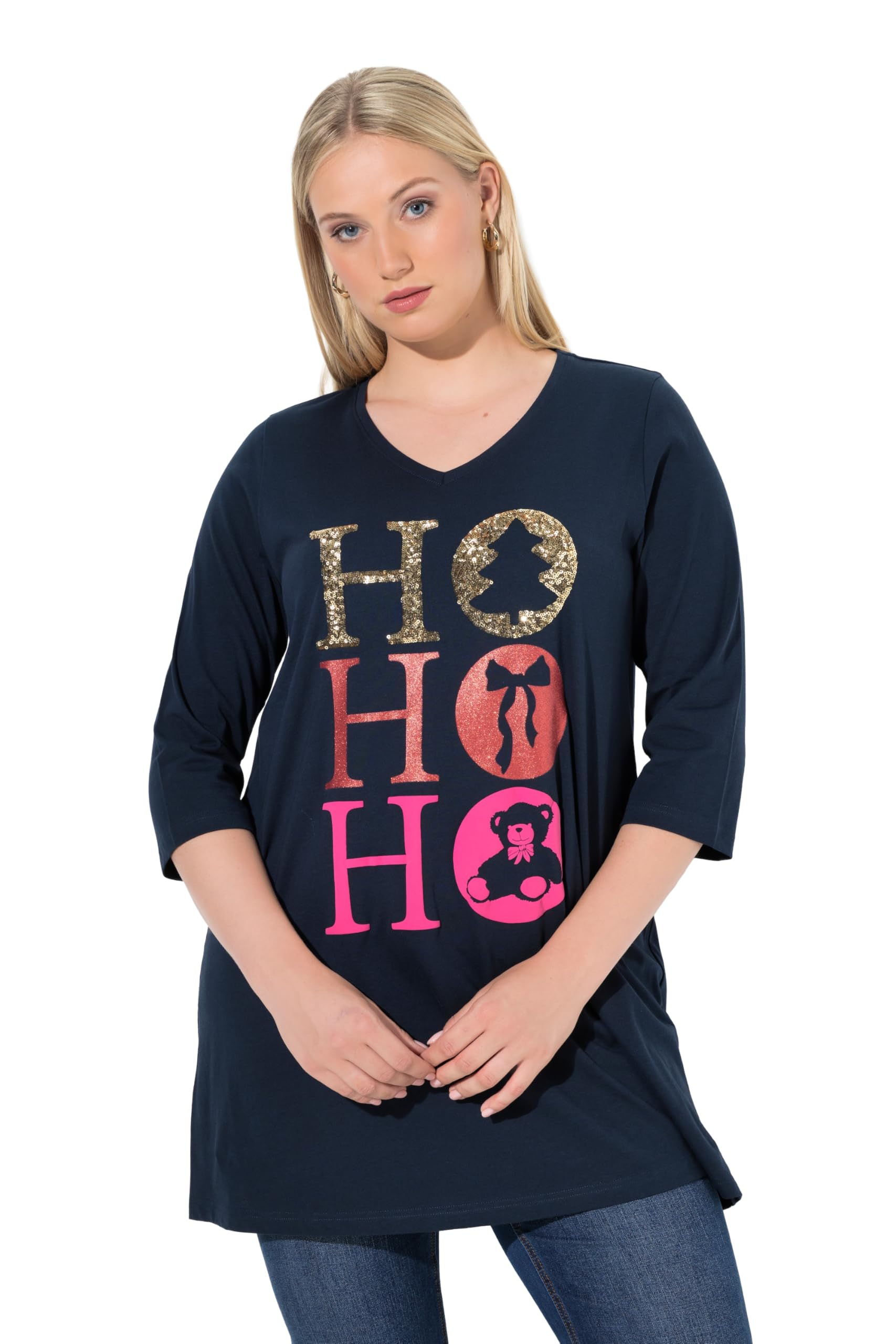Ulla Popken Damen große Größen Übergrößen Plus Size Longshirt, Ho Ho Ho, A-Linie, V-Ausschnitt, Langarm 844909