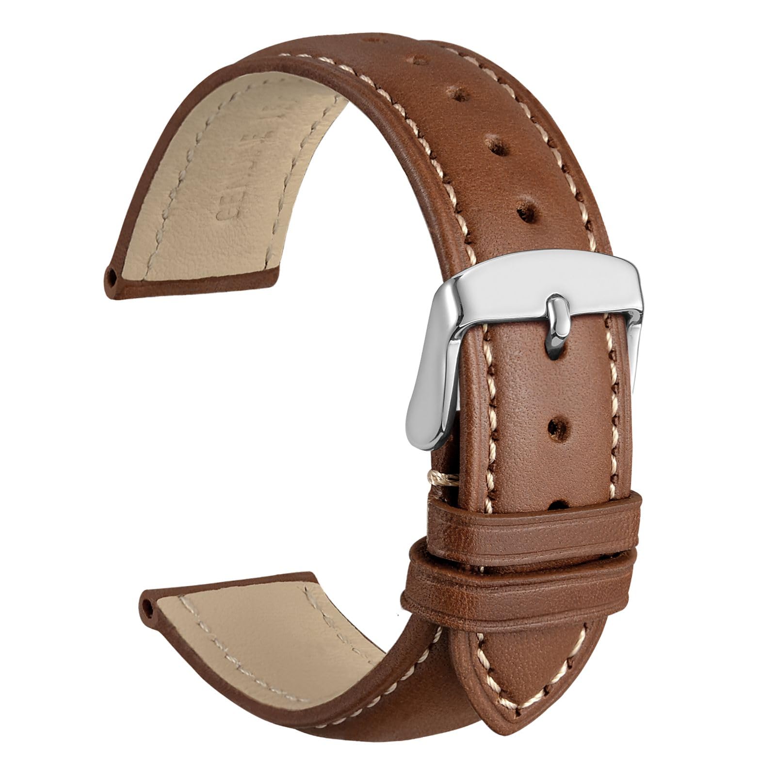WOCCI 18mm Vintage Leather Watch Band for Men and Women, Silver Buckle (Cinnamon Brown)