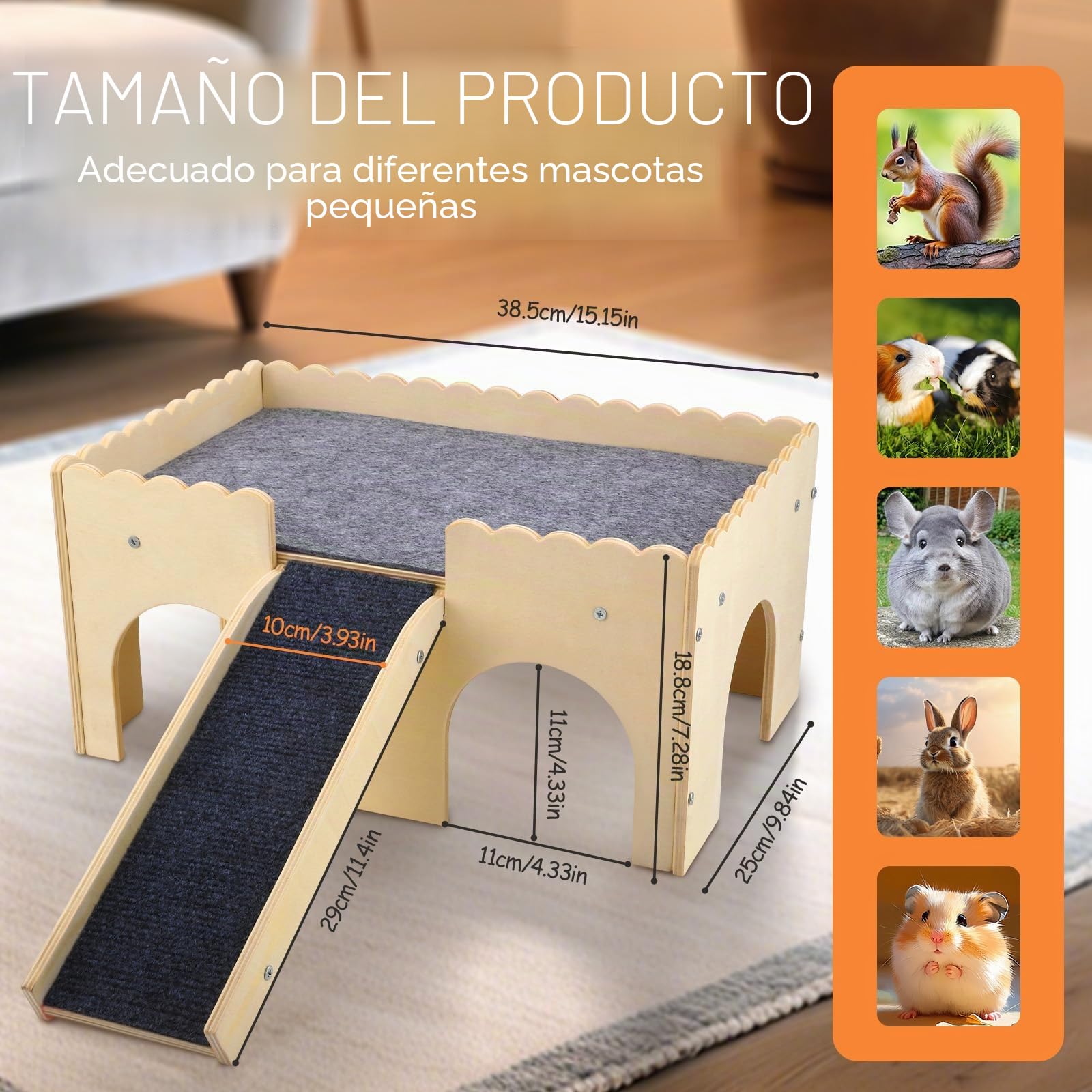 Escondite para Conejillos de Indias, Juguete de Madera con escaleras y esteras, 2 Animales pequeños, esconde y Castillo para hámsters, Conejos y Chinchillas