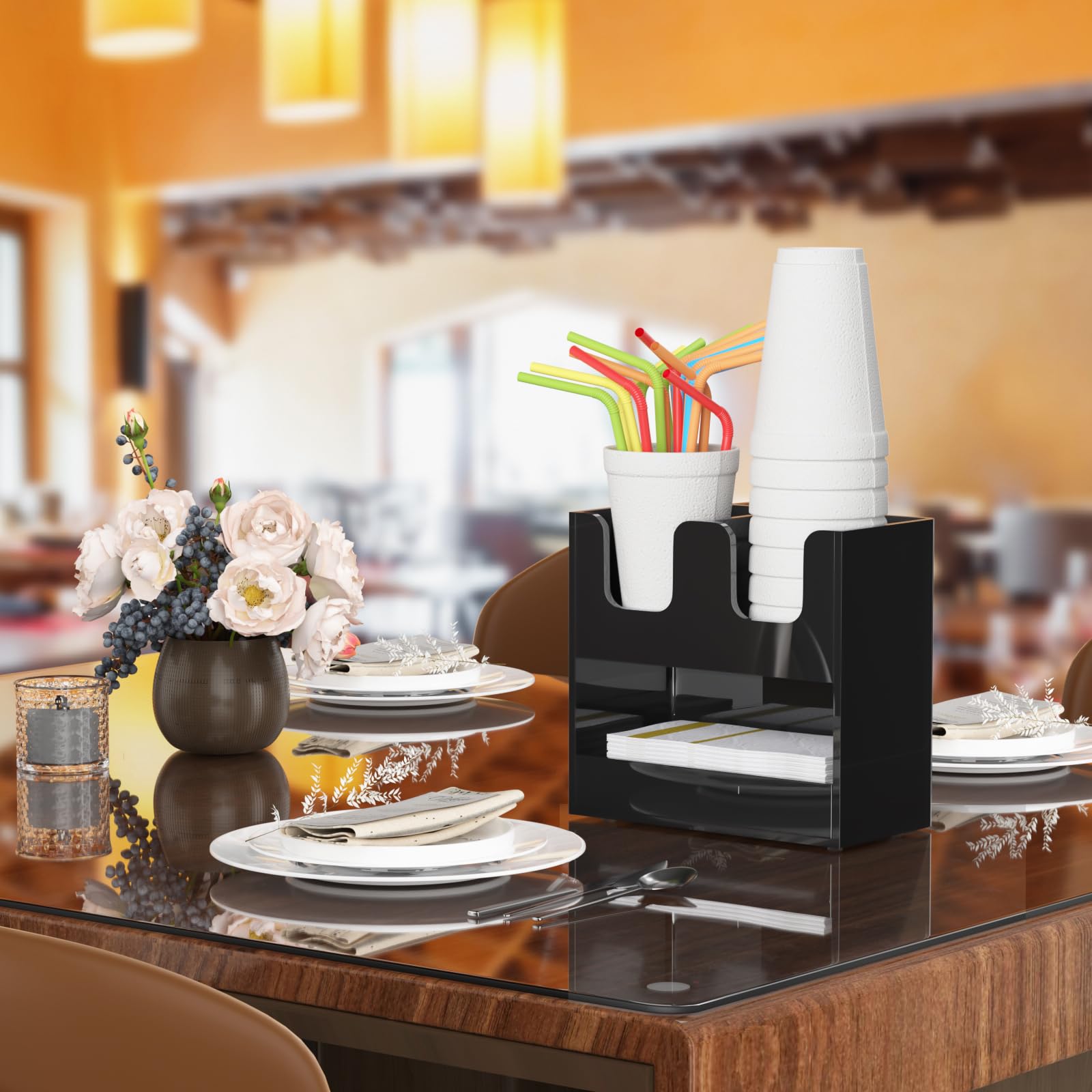 Beego Portavasos de 3 compartimentos para encimera, dispensador de tazas de acrílico negro de 2 niveles, estación de café, taza de papel y tapa, organizador de condimentos para restaurante, sala de