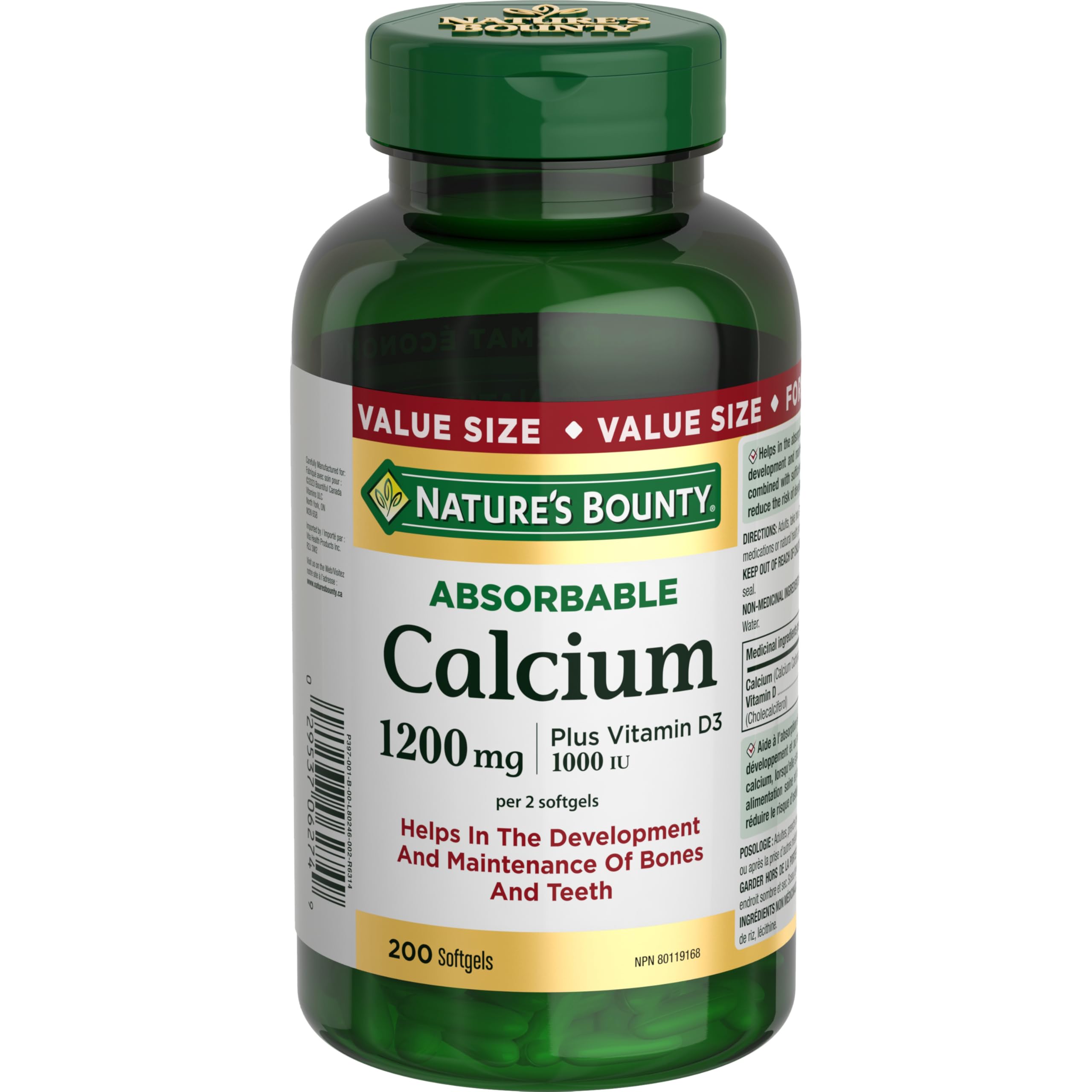 NATURE'S BOUNTY Calcium Plus Vitamin D3, Absorbable, 1200 mg, Helps Development Of Bones & Teeth, Helps Absorption & Use Of Calcium & Phosphorus, May reduce risk of developing Osteoporosis, Value Size, Softgels, 535 g