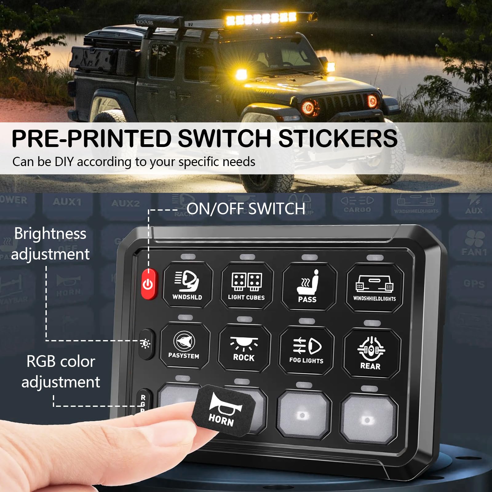 Pannello Interruttori 12V/24V Universale con Dimmerabili RGB 8 Colori per Auto RV Camion SUV