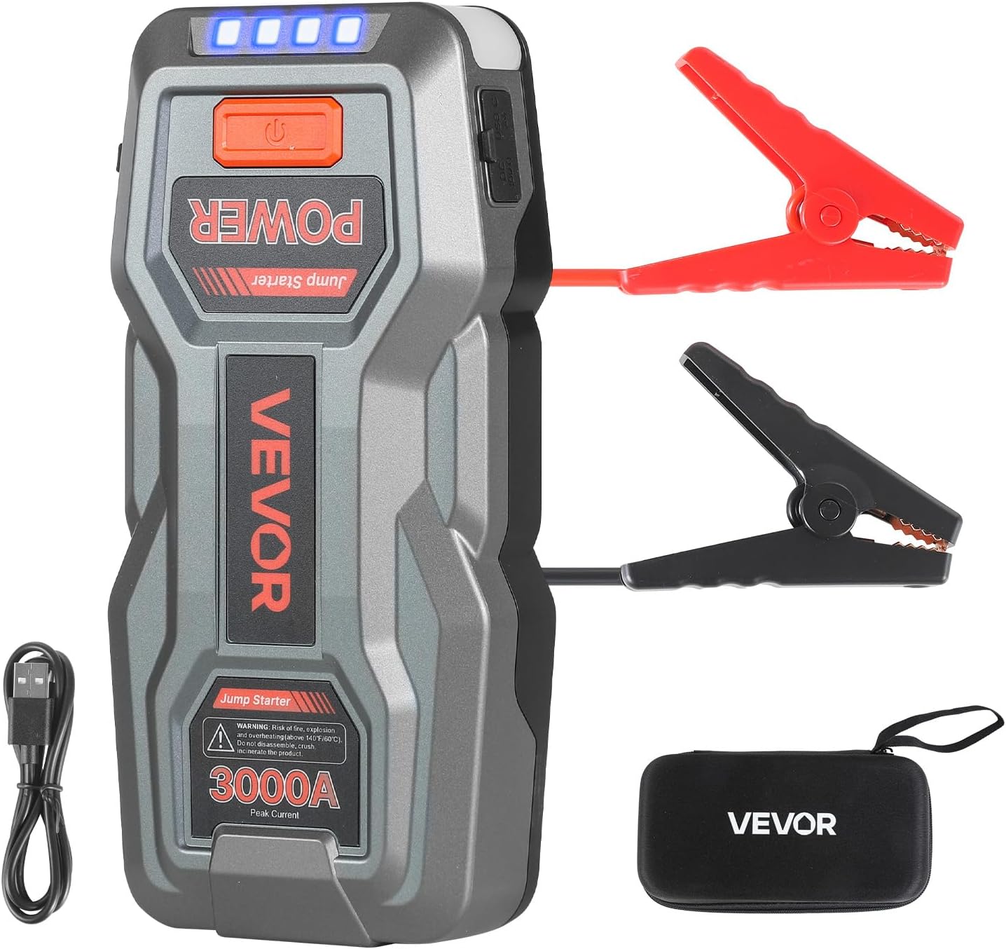VEVOR Jump Starter, 3000A Peak, Car Jumper Starter Battery Pack, 12V Portable Lithium Battery Booster, Jump Box Power Bank with 3 Modes Flashlight and Jumper Cable, for Up to 9L Gas/7L Diesel Engines