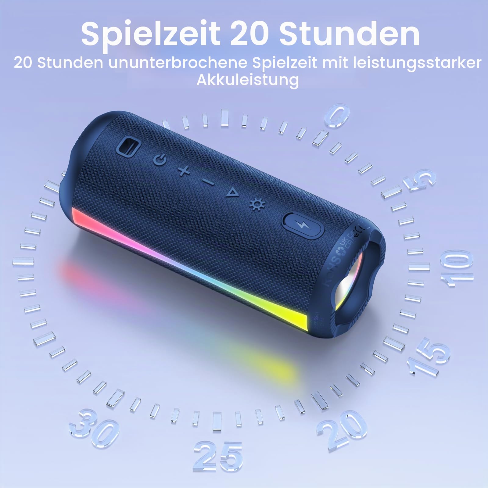 Bluetooth Lautsprecher mit Licht, Bluetooth 5.4 Musikbox, 30W Dual Lautsprecher, Dualen Bass-Treibern, 30 Std Akku, IPX7 wasserdicht, TWS Paarung