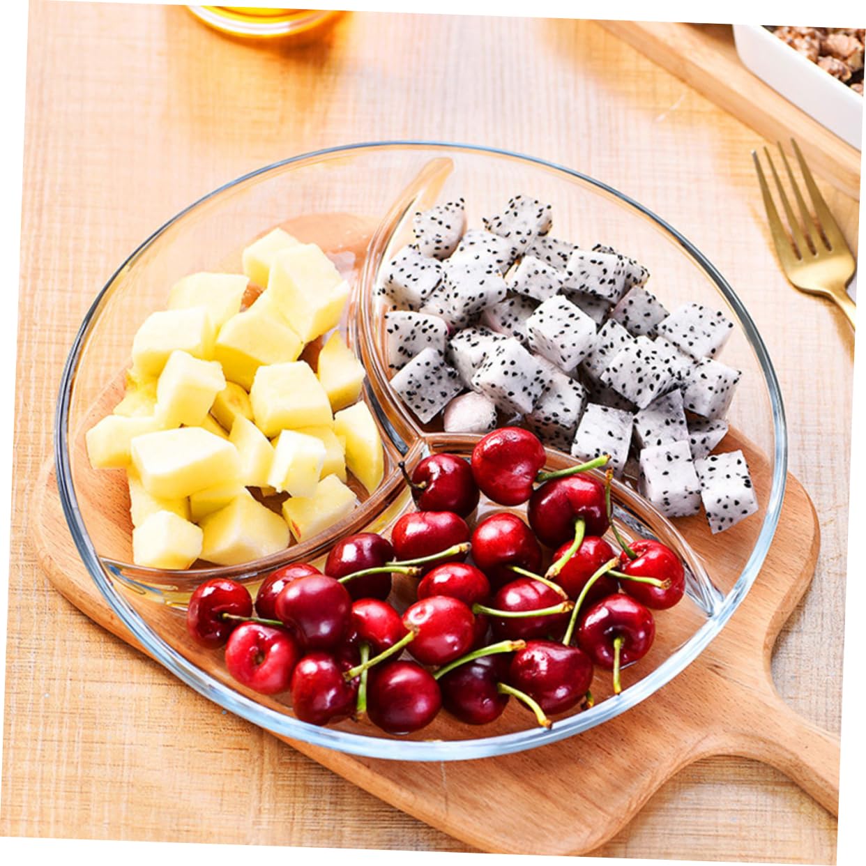 Mikinona Plat Divisé Plateau à Collation en Verre Trempé 3 Compartiments pour Réchauffer les Aliments, Séparation des Portions, Repas en Famille