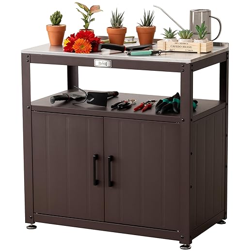 Garden Potting Bench with Storage Cabinet, Outdoor Gardening Table & Work Bench for Plants, Horticulture, Outdoor Workstation with Stainless Steel Tabletop, Outdoor Work Table