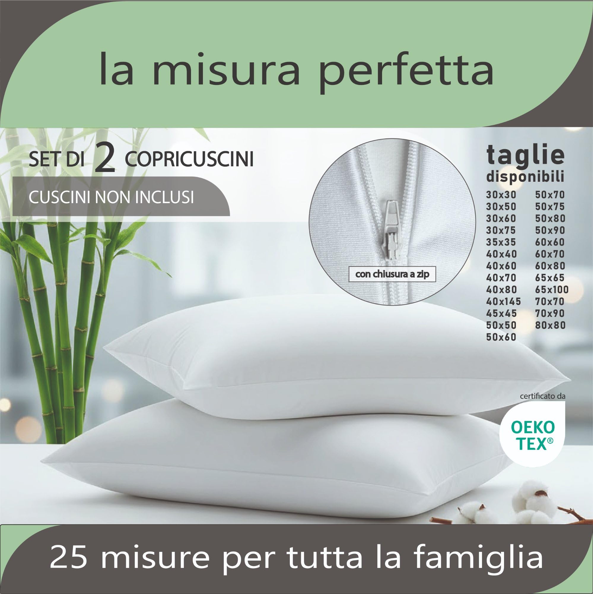 Twillie Copri Cuscino 60 x 80 (Set da 2) Bambù – Qualità Superiore – Impermeabile, Zip e Anti-Acne – con Cotone Naturale, Trattamento Svizzero Sanitized® Anti-Acari Antibatterico – Made in UE