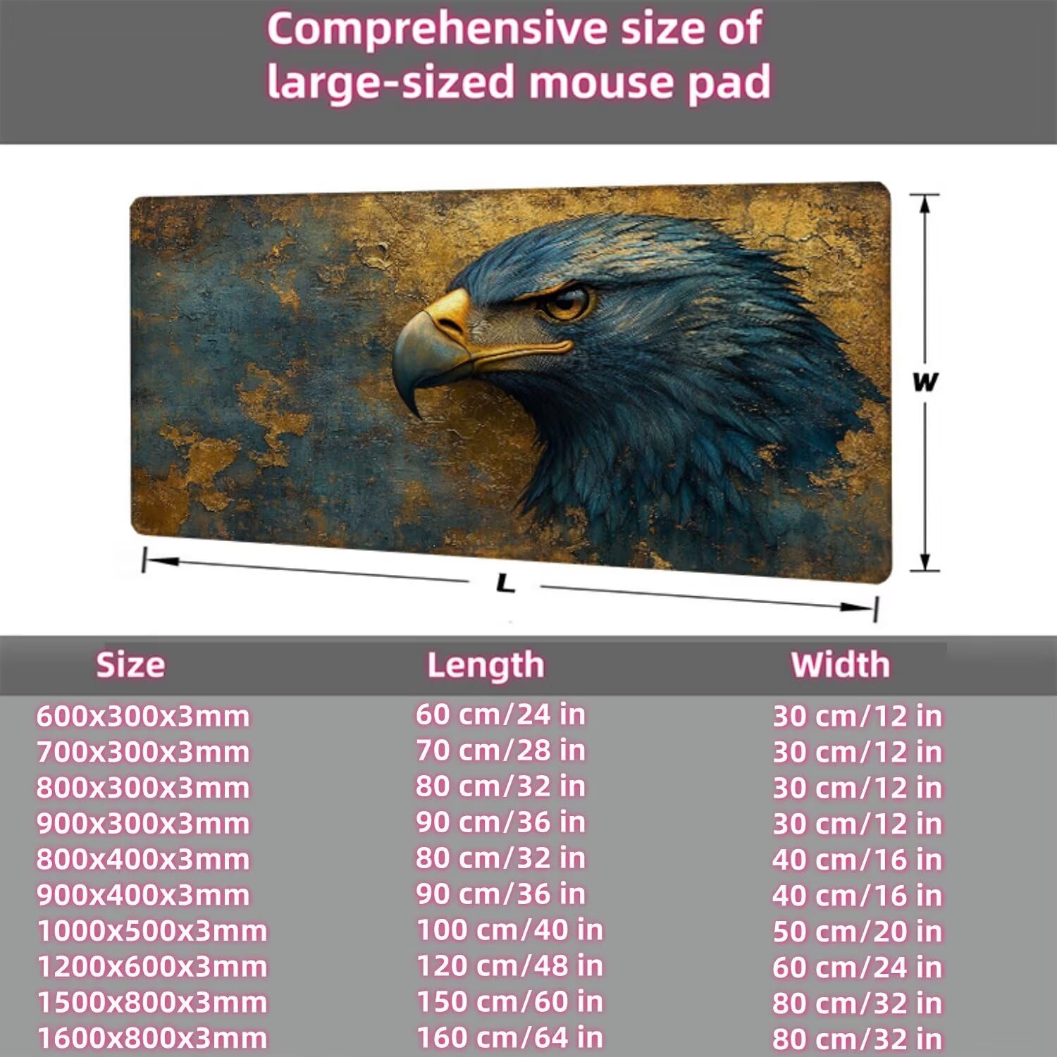 Podkładka pod mysz Eagle w stylu retro XXL 1500 x 800 x 3 mm pod ręką akcesoria do gier, podkładka pod mysz do klawiatury z przeszytymi krawędziami i antypoślizgowym tyłem, wysoka precyzja i szybkość
