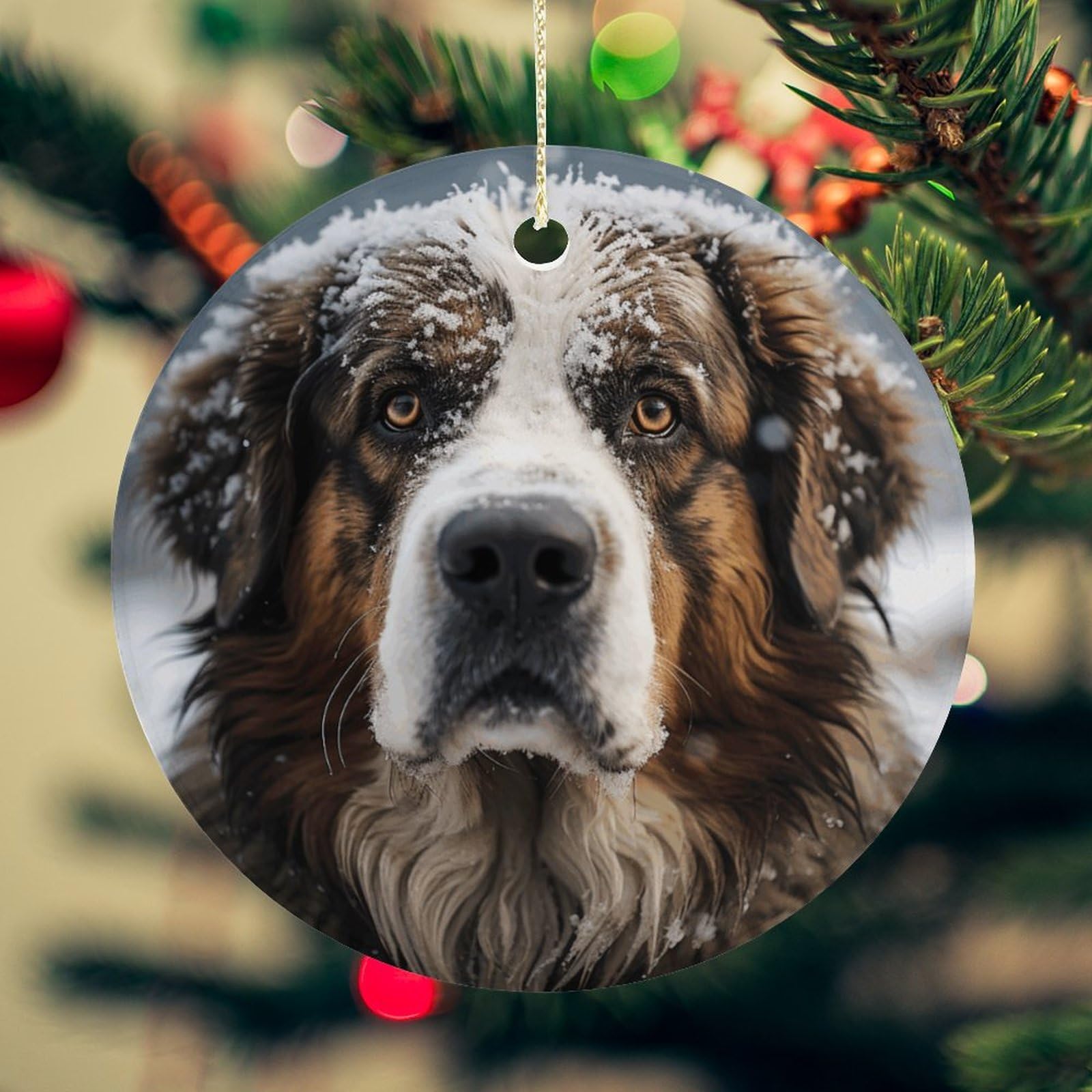 Snow on Dog's Head Christmas Ornament for Christmas Tree Ceramic Round Ornament Winter Holiday Keepsake Gift 2.7" Christmas Tree Hanging Decorations Circle Ceramic Pendant Xmas Gift