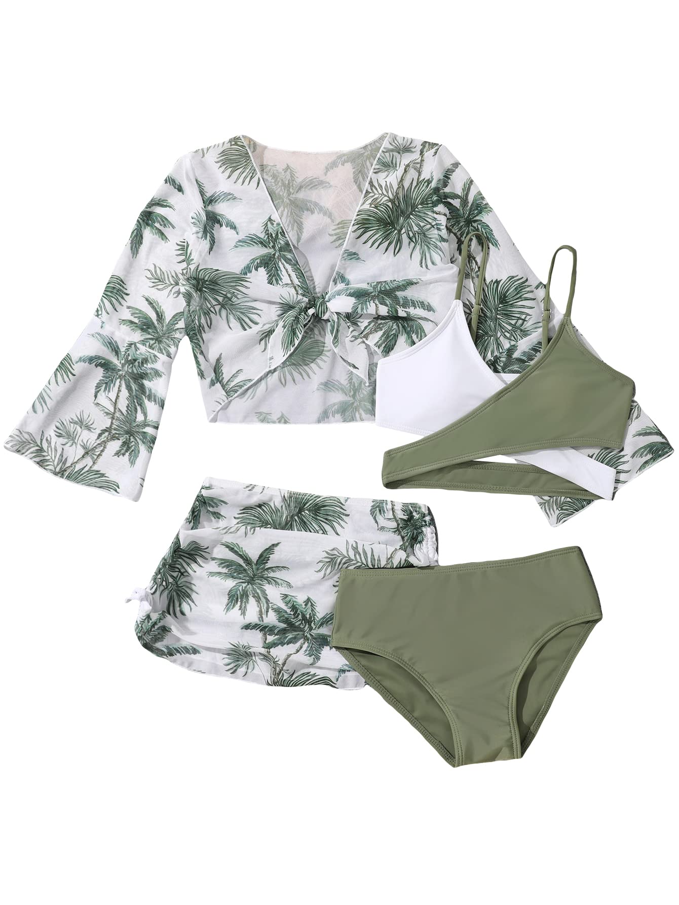 WDIRARA Girl's 4 Piece Color Block Swimsuit and Coverup Set Tree Print Boho Swimwear