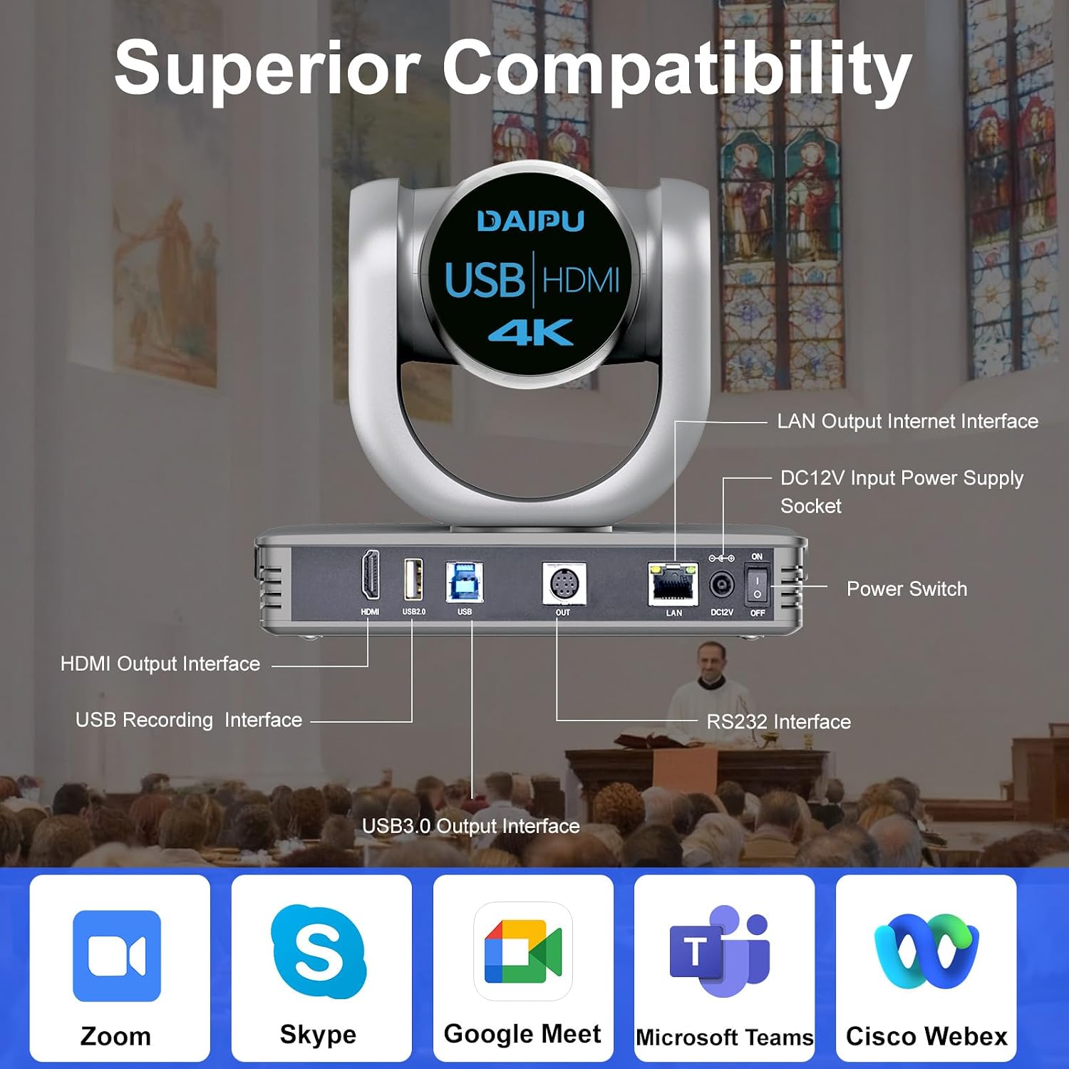 PTZ Camera 4K 12X Optical Zoom Conference Room Camera HDMI USB3.0 LAN PoE AI Auto Tracking 1/2.8" 8.29MP CMOS Sensor 255 Presets for Church Worship Live Streaming Business Video Conference