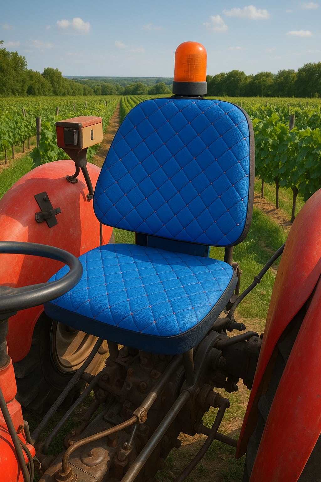 Funda de asiento de tractor resistente, acolchado Impertex duradero para tractores y carretillas elevadoras, cortacésped (cuero azul, costuras azules)