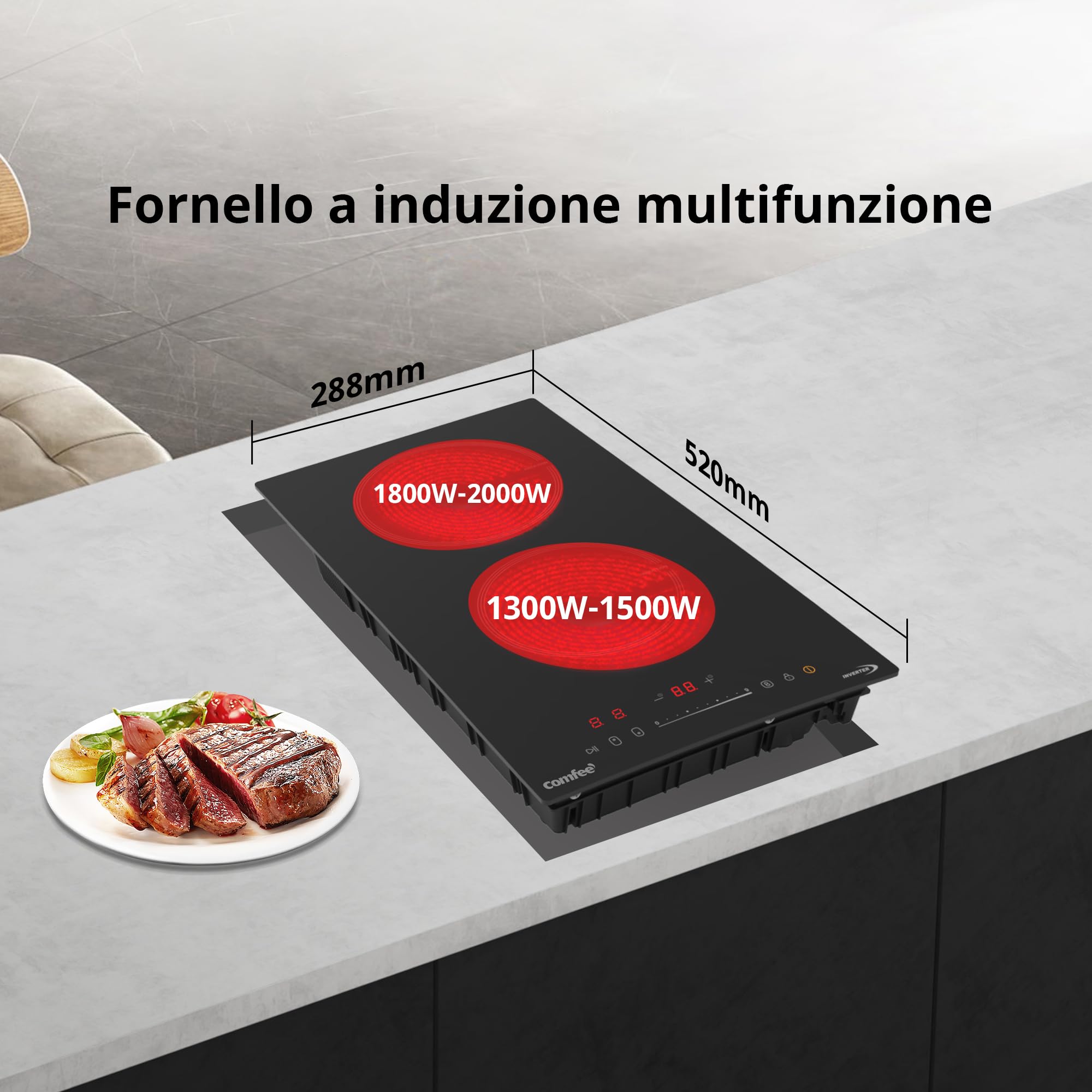 COMFEE' Piano Cottura a Induzione a Incasso con 2 Zone di Cottura Piani Cottura in Ceramica, Cablaggio, Touch Control, Spegnimento Automatico, Chiusura a Prova di Bambino