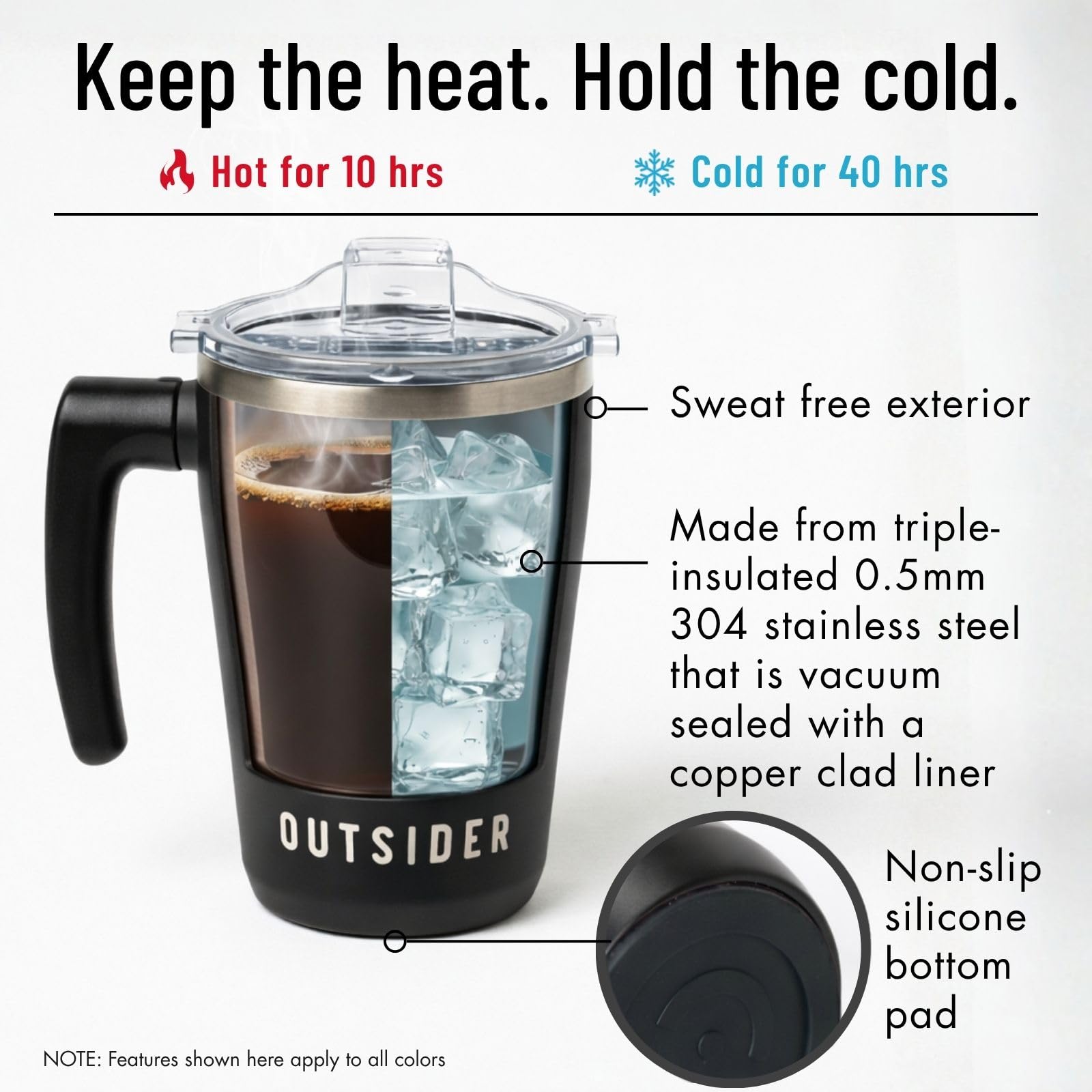 OUTSIDER The AM Vakuumisolierter Kaffeebecher aus Edelstahl mit 180° drehbarem Drehgriff und verschließbarem, auslaufsicherem Deckel, Reisebecher für Outdoor, Zuhause und Büro, Schwarz
