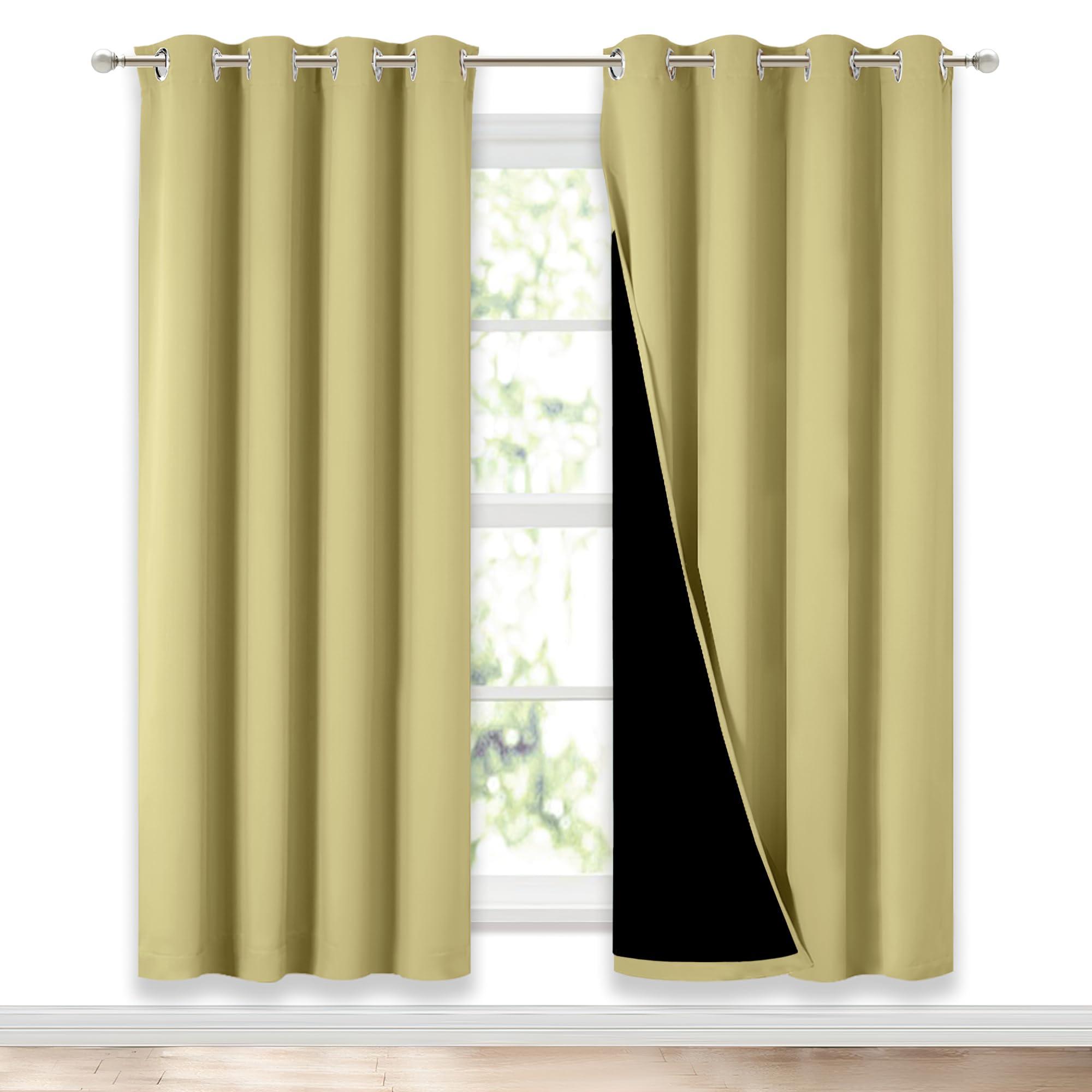 NICETOWN Paler Yellow Full Shade Curtain Panels, Pair of Energy Smart &amp; Noise Blocking Out Blackout Drapes for Dining Room Window, Thermal Insulated Guest Room Lined Window Dressing, 52 x 72 inch