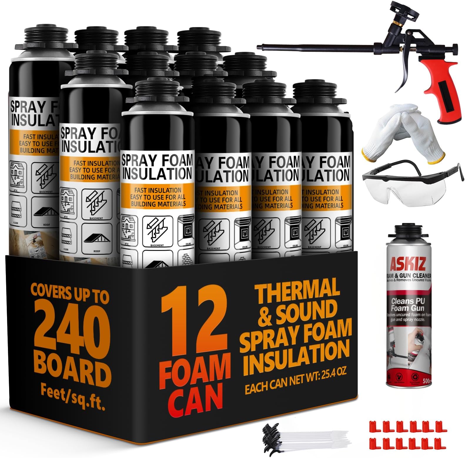 Spray Foam Insulation - Closed Cell Insulation Spray Foam 25.4 oz. Wall & Attic Acoustic Foam Spray, Covers Up to 240 Sq.Ft, includes Application Gun, 12 Pack
