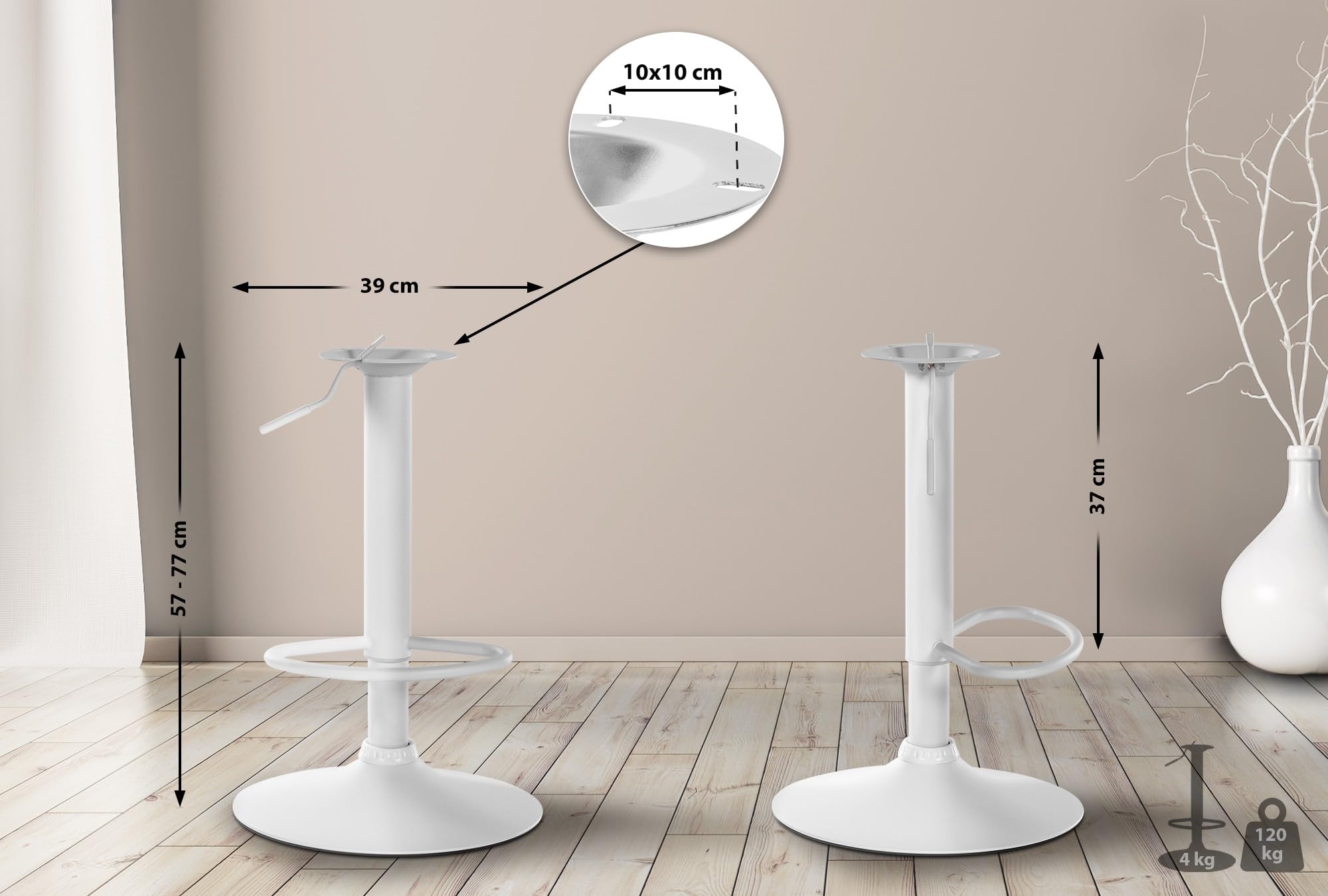 CLP XL-Gestell Für Barhocker I Verstärkte Barhockersäule I 8 X 8 Oder 10 X 10 cm Lochabstand I DIY Barhocker Bis 150 Kg | Farbe weiß Größe 10 x 10 cm
