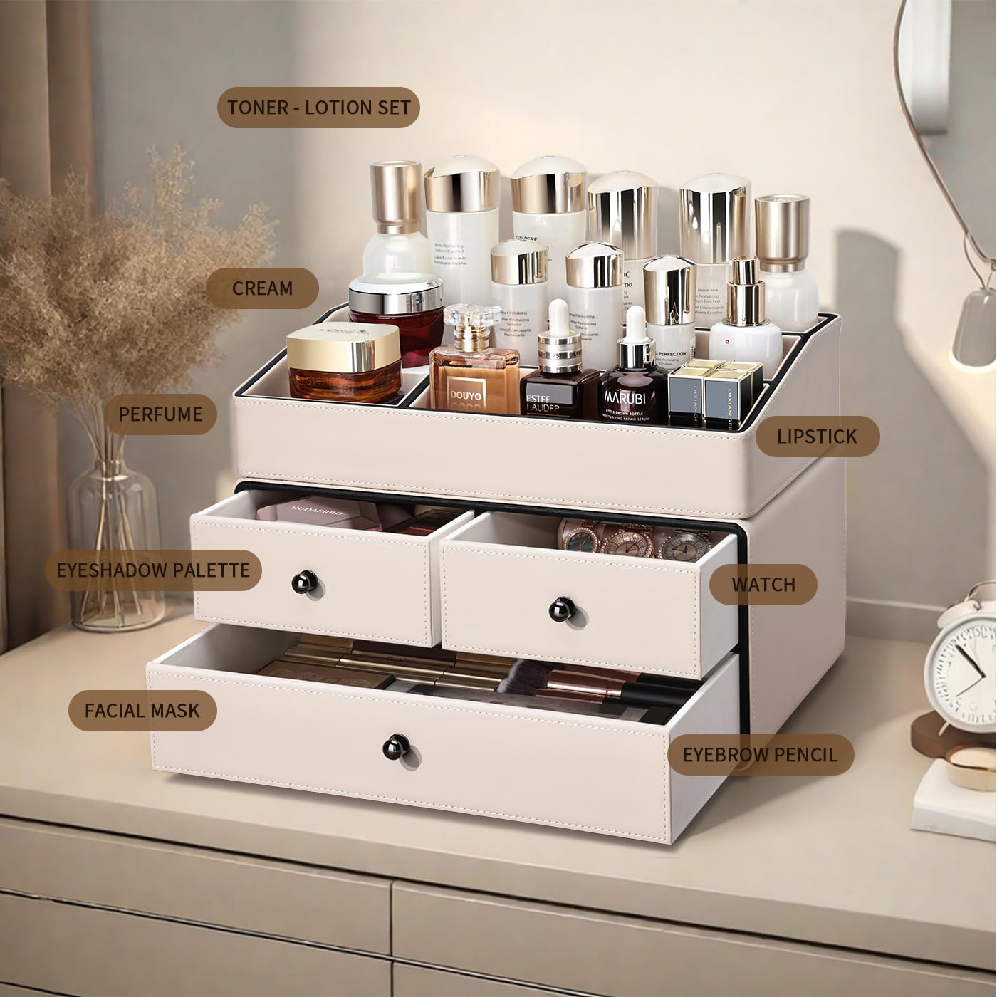 KINGFOM Organizador de Maquillaje, Organizador Cosmeticos con 3 Cajones y 5 Compartimentos, Makeup Organizer (Beige)