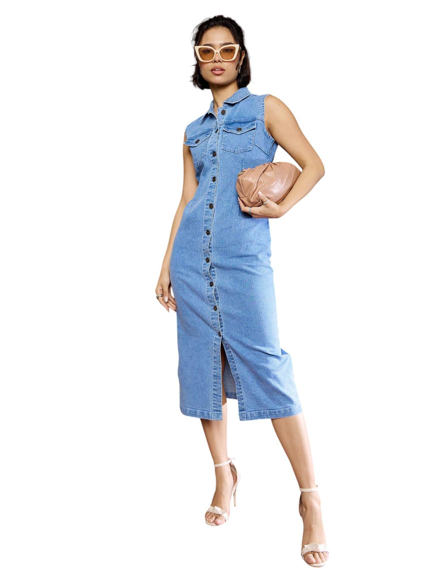 Blue Denim Front Button Midi Dress-image-39