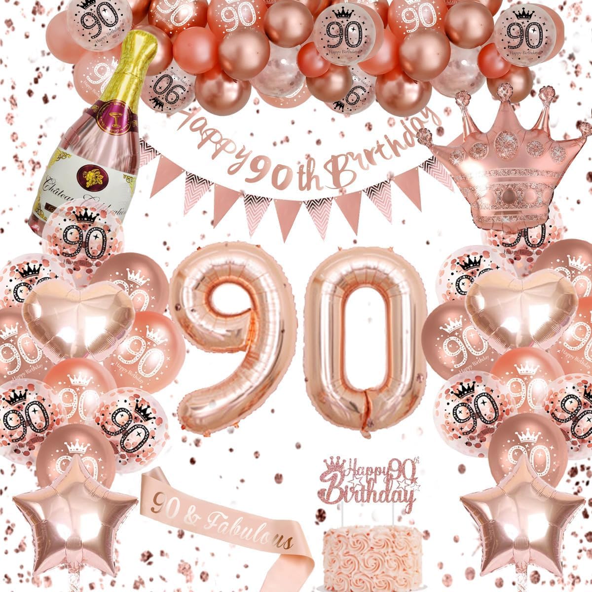 Omrel Rose Gold 90th Birthday Decorations - Happy 90th Birthday Bunting, Triangle Flag Banner, Number 90th Birthday Balloons For Party Decorations