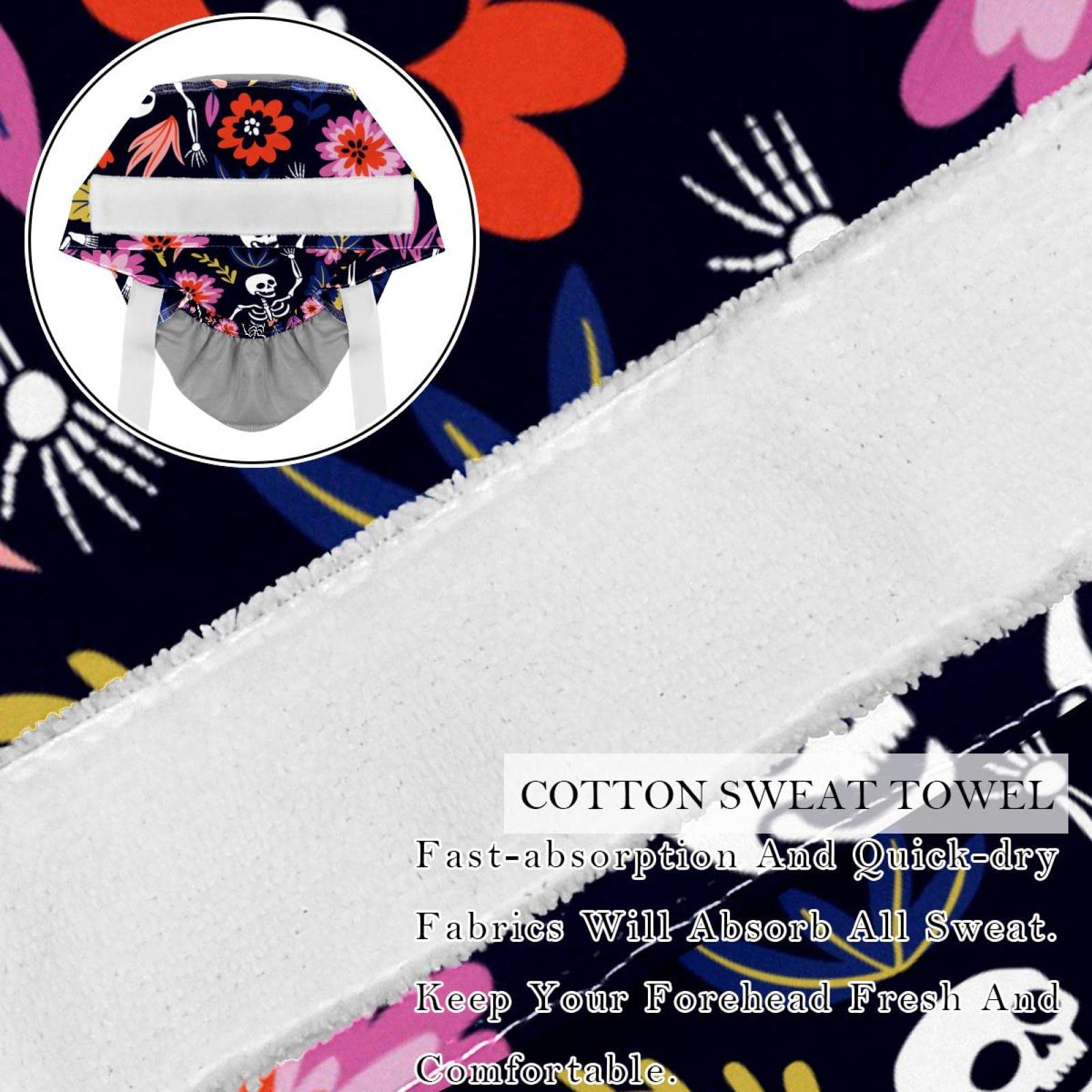 Adjustable Scrub Bouffant Caps, 2 Packs Skeleton Flower Working Hat Hair Cover with Ponytail Pouch, Soft Surgical Nurse Cap