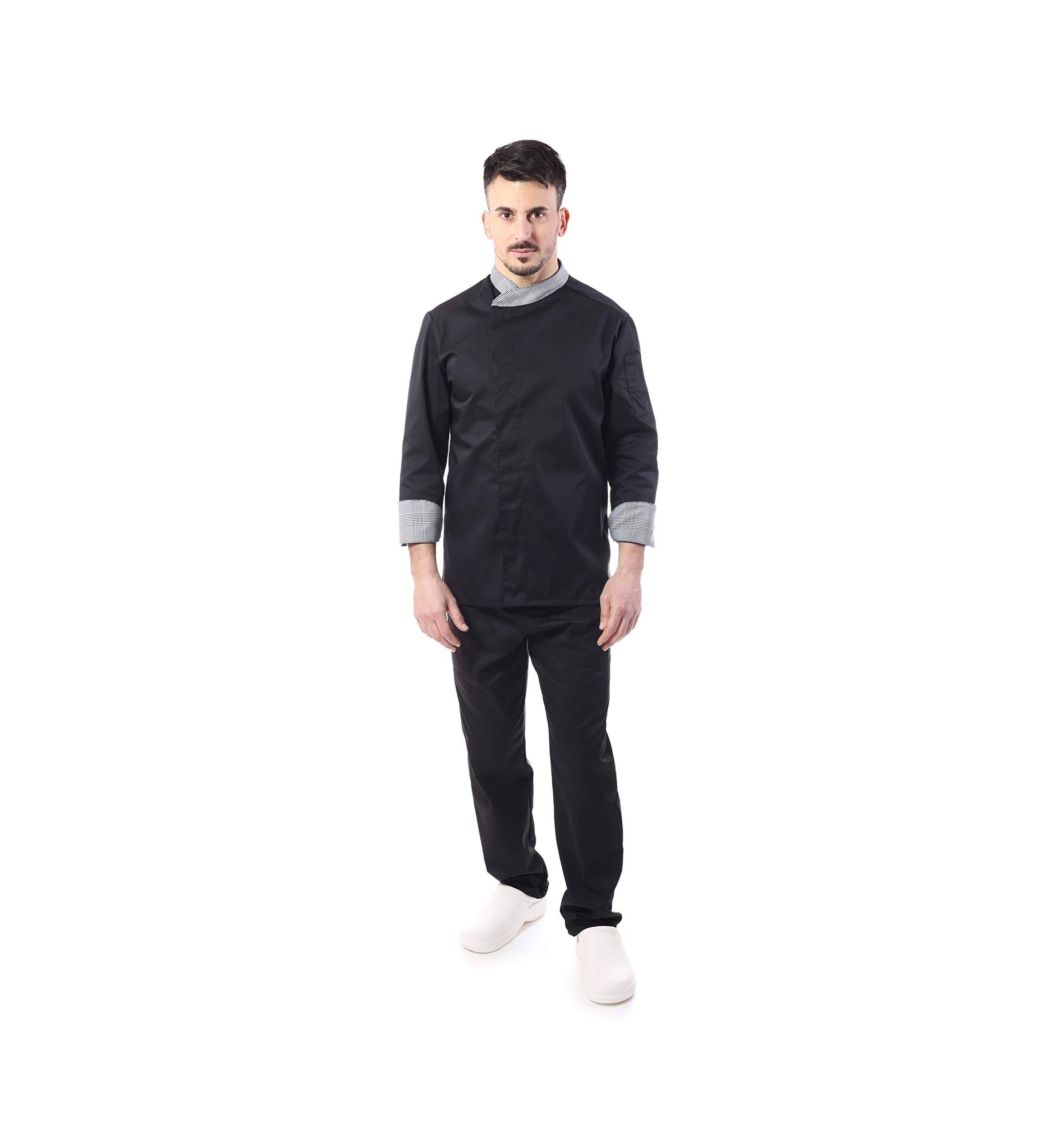 Ricamo Gratuito - Completo Cuoco e Chef Nero - Principe di Galles - Uomo - 4 PZ - Giacca Pantalone Davantino e Bandana - Divisa per Cucina e Ristorante - Made in Italy