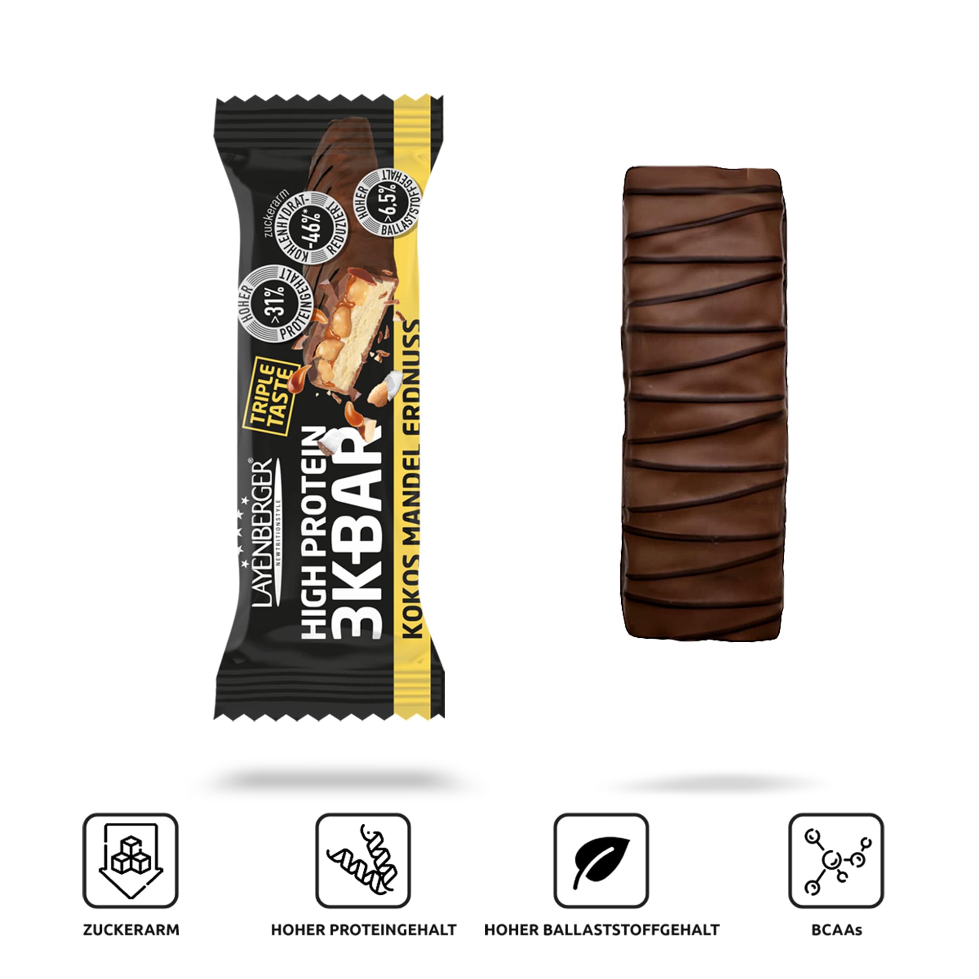 Layenberger 3K BAR Triple Taste Kokos Mandel Erdnuss (21x45 g) | High Protein Riegel, viel Eiweiß, wenig Kohlenhydrate, insgesamt 945 g
