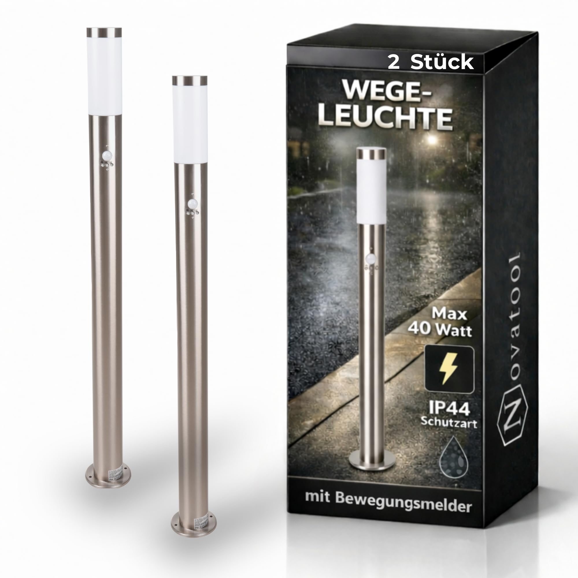 Novatool 2x Gartenlampen I 110 cm I mit Bewegungsmelder I Edelstahl I IP44 I E27 Sockel I Gartenleuchten Stehlampen Säulenlampen außen Außenlampen Aussenleuchten Sockelleuchten Pollerleuchten