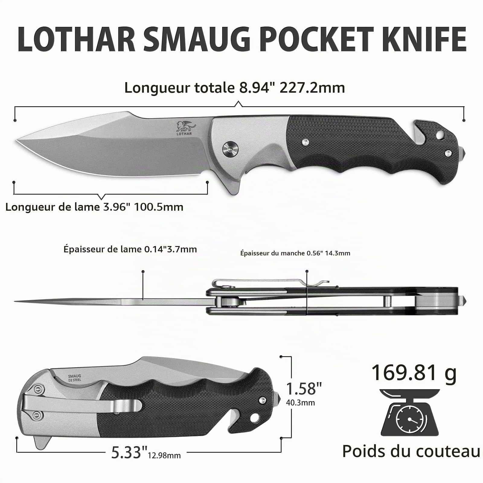 LOTHAR SMAUG Couteau Pliant Couteau à Une Main, 9,5 mm en acier D2 Couteau de Sauvetage Avec Manche G10, Liner Lock