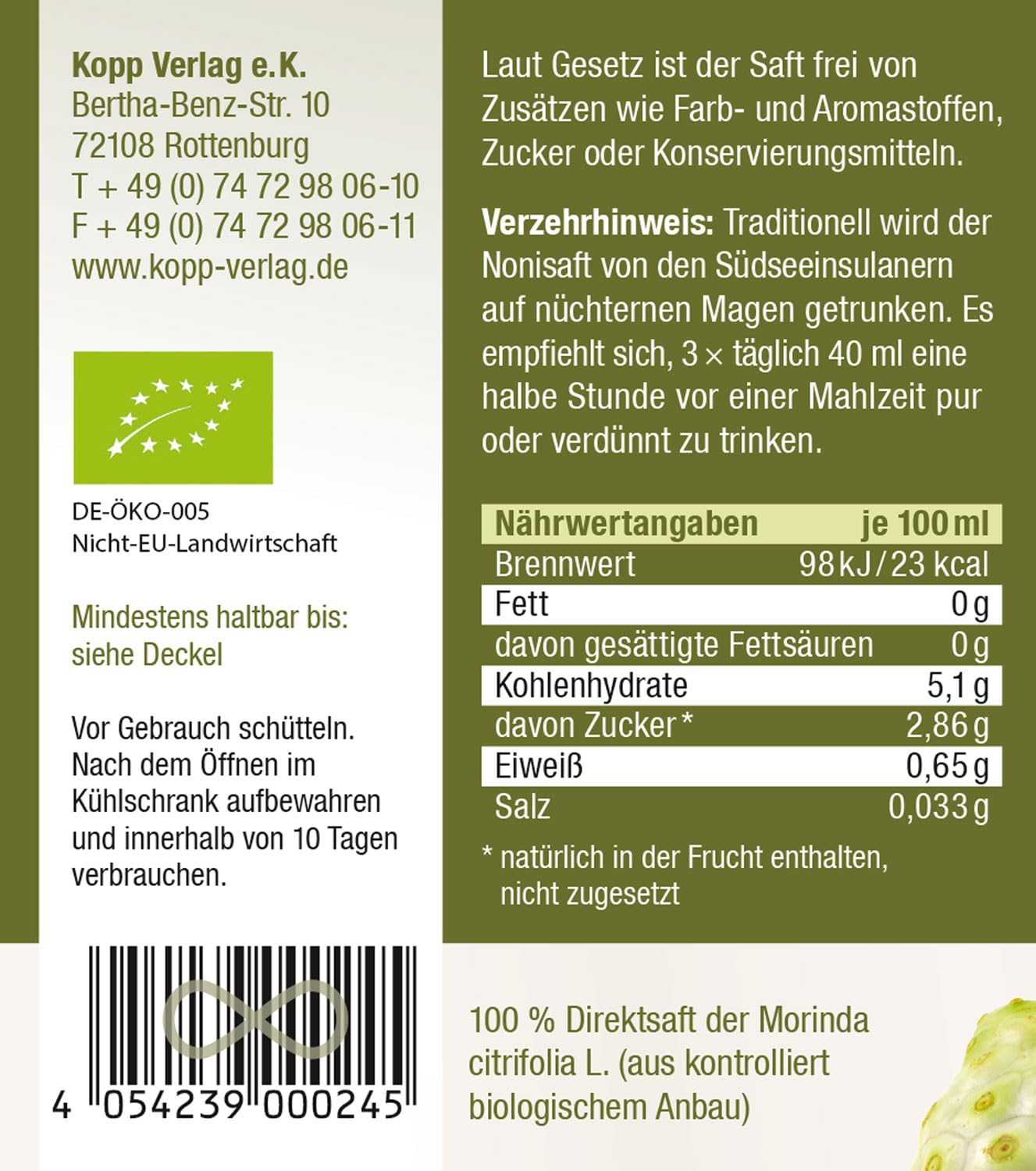 KOPP Vital® Bio-Nonisaft - Karton mit 4 x 1l | Bio-zertifiziert, biologisch kontrollierter Anbau, Direktsaft