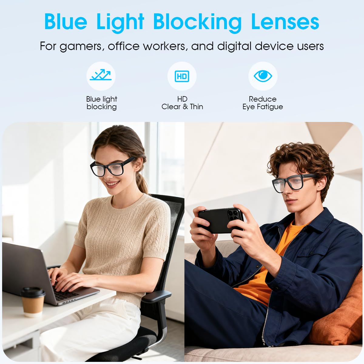 Occhiali intelligenti Bluetooth, occhiali con blocco della luce blu per uomini e donne, microfono e altoparlanti integrati, occhiali wireless intelligenti per ufficio/lavoro, filtro della luce blu