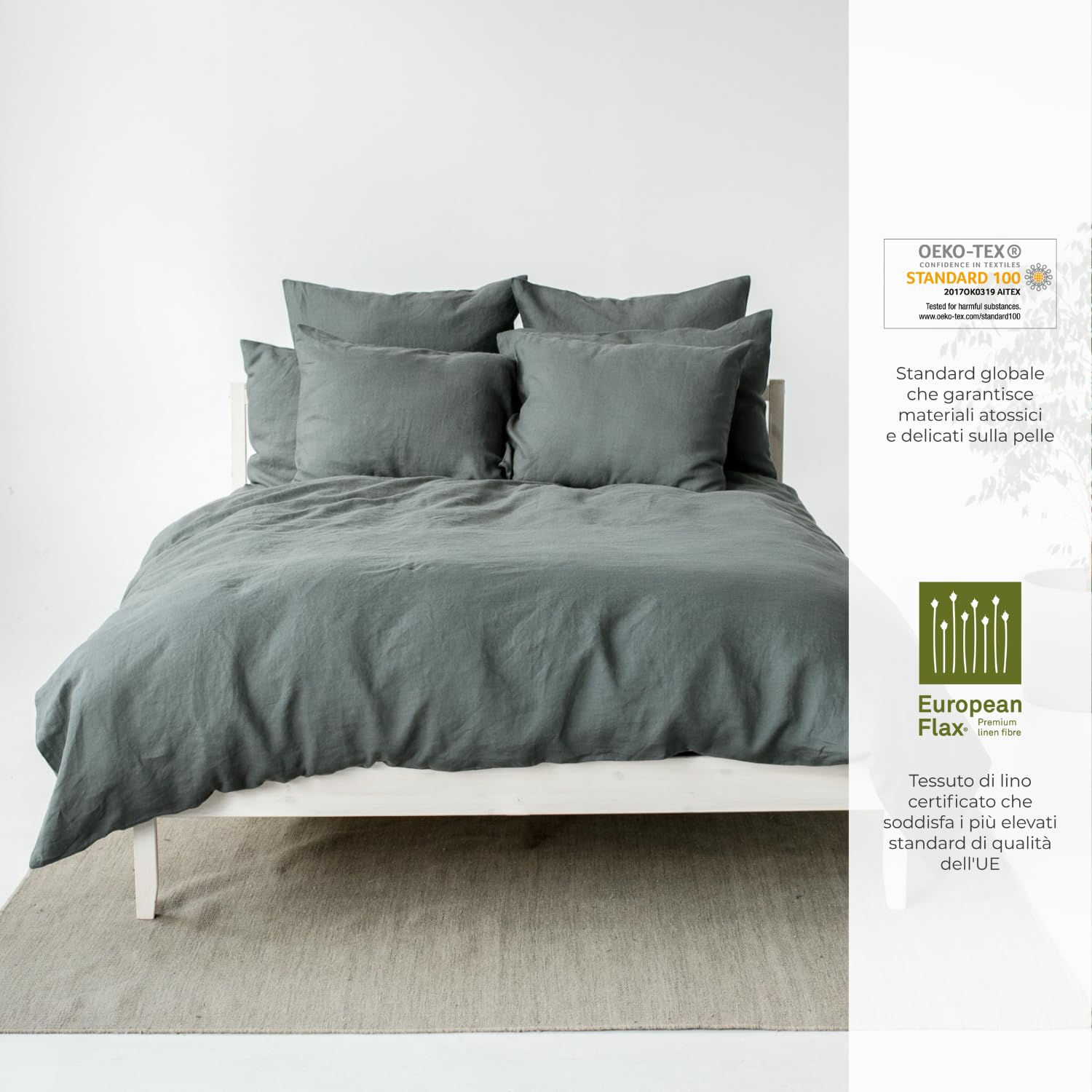 My Linen Home Set Copripiumino/Biancheria da Letto in Lino Lavato (100% StoneWashed) Verde scuro, 1 Copripiumino 135x200 cm e 1 Federa Cuscino Lino 80x80 cm I Copripiumino Con Cerniera