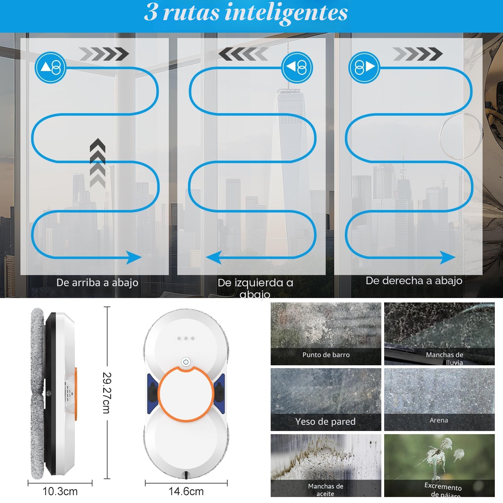 Robot Limpiacristales, 5600Pa Robot Limpiador de Ventanas con Doble Pulverización de Agua, 3 Modos Limpieza, Mando a Distancia, Detección de Bordes, Navegación Inteligente, Protección Múltiple＆8 Paños