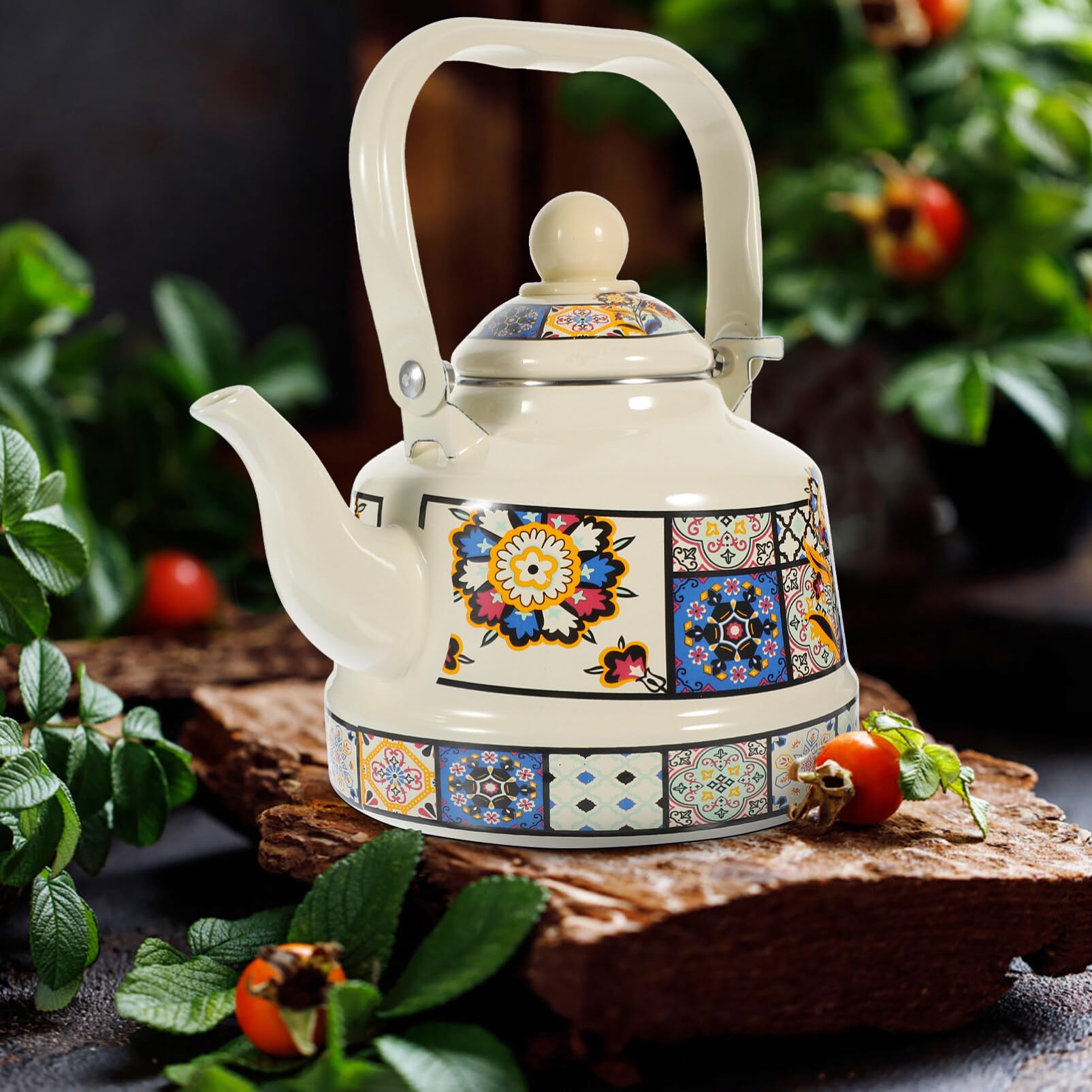 Kichvoe Bouilloire Vintage En ÉMail 1.1L Pour CuisinièRe Bouilloire Chauffante RéTro Avec PoignéE Conception Facile À Nettoyer Pour Thé En Vrac