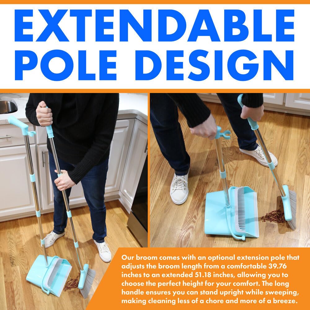 Hub City Industry Heavy Duty Broom and Dustpan Combo Set with Commercial Long Handle for Lobby, Home, Office, Cleaning Supplies, Upright Grips Sweep Set with Broom for Floor Cleaning, Cyan