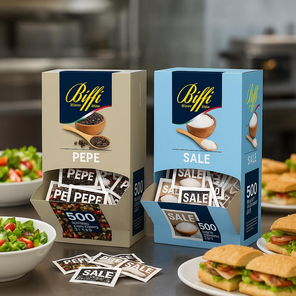 Pepe Nero 500x0,2g + Sale Fino Iodato 500x1g – 1000 Bustine Monodose – Condimenti Pratici e Igienici per Ristoranti, Catering, Mense e Uso Domestico – Confezione Professionale