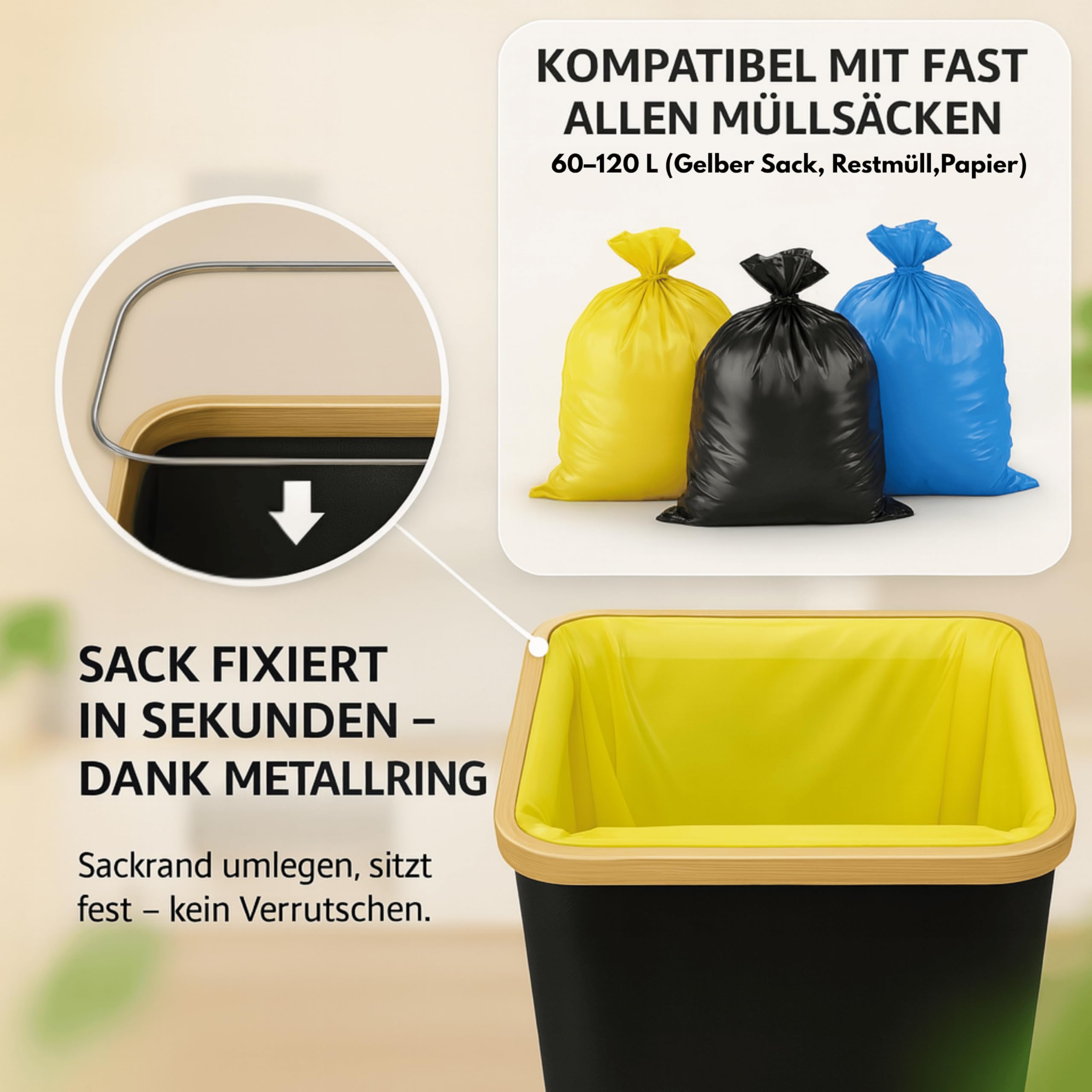 Gelber Sack Ständer mit Deckel 60–120 L – Gelber Sack Behälter/Müllsackständer für Küche & Haushalt, Müllsackhalter stabil, Schwarz