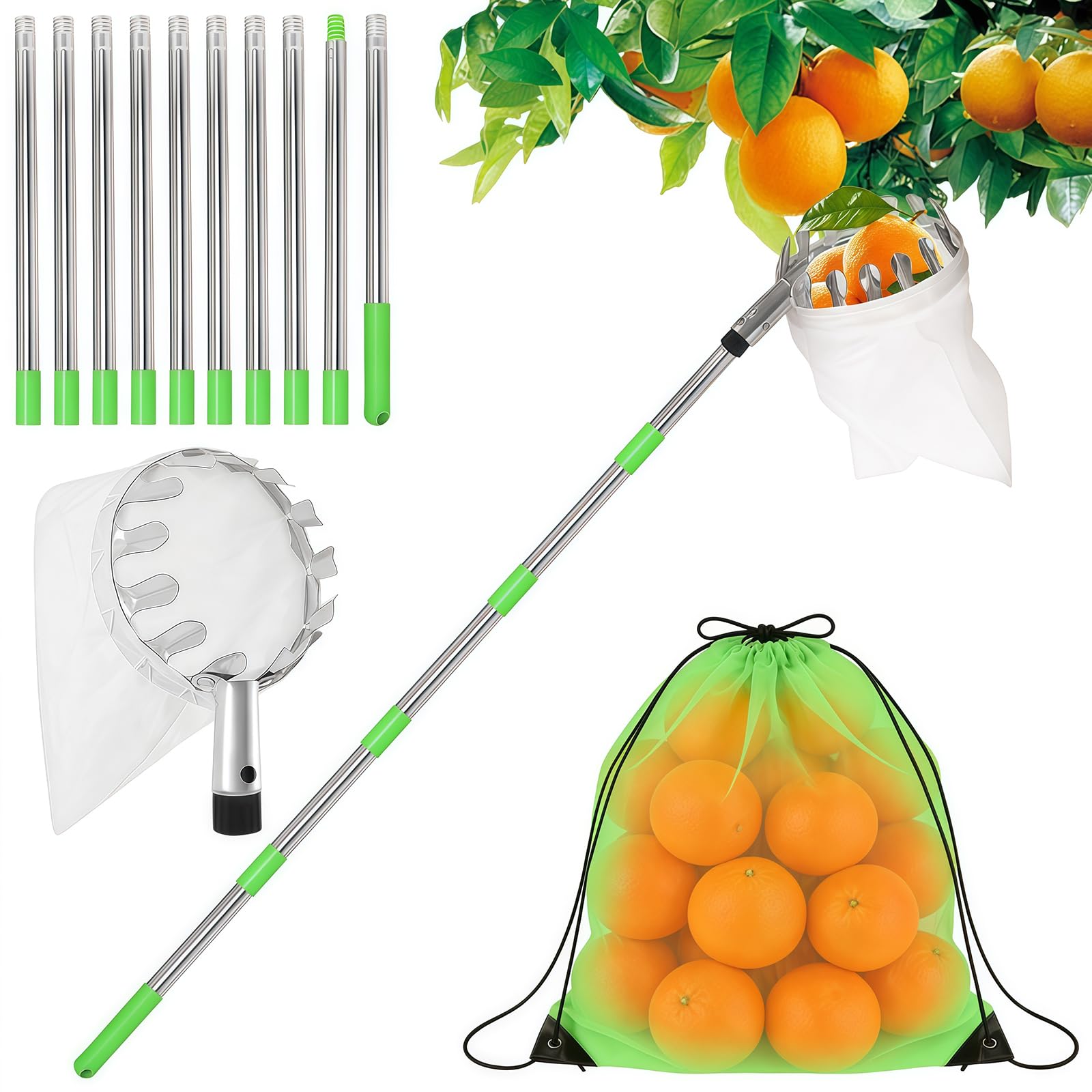 GAESHOW Raccogli Frutta Telescopico 4M, Raccoglitore di Frutta con Manico Telescopico, con Palo in Acciaio Inox Leggero e Sacchetto di Cotone, Picker per Apple Limone Cherry