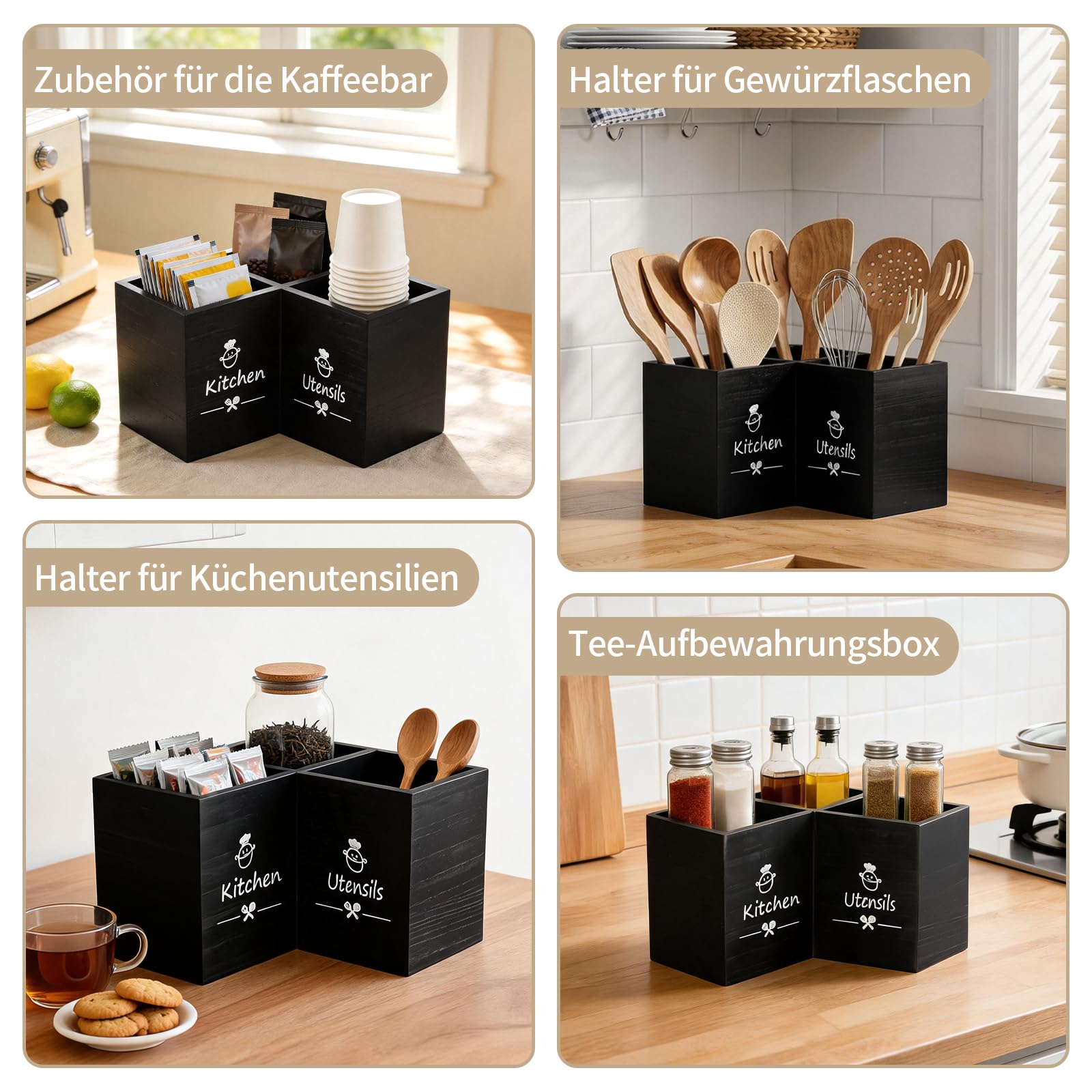 Küchenutensilienhalter mit 3 Fächern, Utensilienhalter aus Holz für die Küchentheke, Aufbewahrung von Küchenutensilien, Utensilien Organizer Spatel, Löffel, Gabeln, Bauernhaus-Küchendekoration
