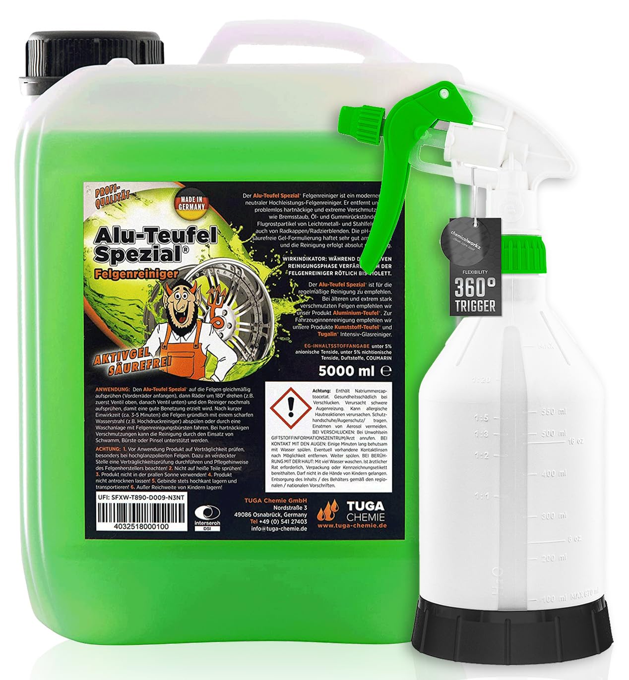 Felgenpflege Set: TUGA Chemie Alu-Teufel Spezial 5 Liter Felgenreiniger Alufelgen + chemicalworkz Sprühflasche mit 360° Canyon Trigger - gründliche Reinigung für Alufelgen & Stahlfelgen | 2-teilig