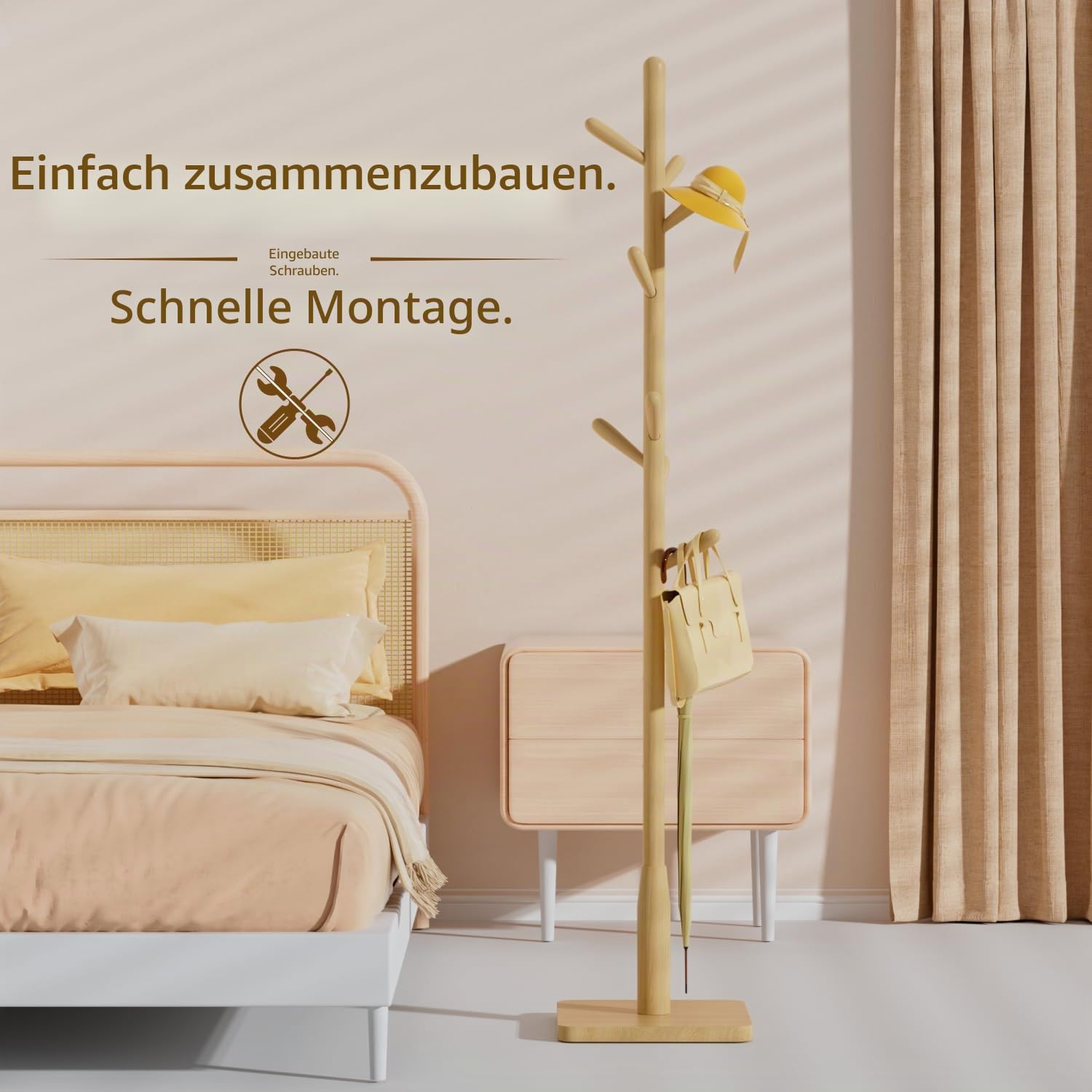 Garderobenleiste aus Massivholz, freistehende Baumgarderobe mit 8 Haken(+ 2 Ersatzteil),3 verstellbare Größen , Hutständer für Schlafzimmer/Büro/Eingangsbereich(quadratischer Boden, Naturbeige)