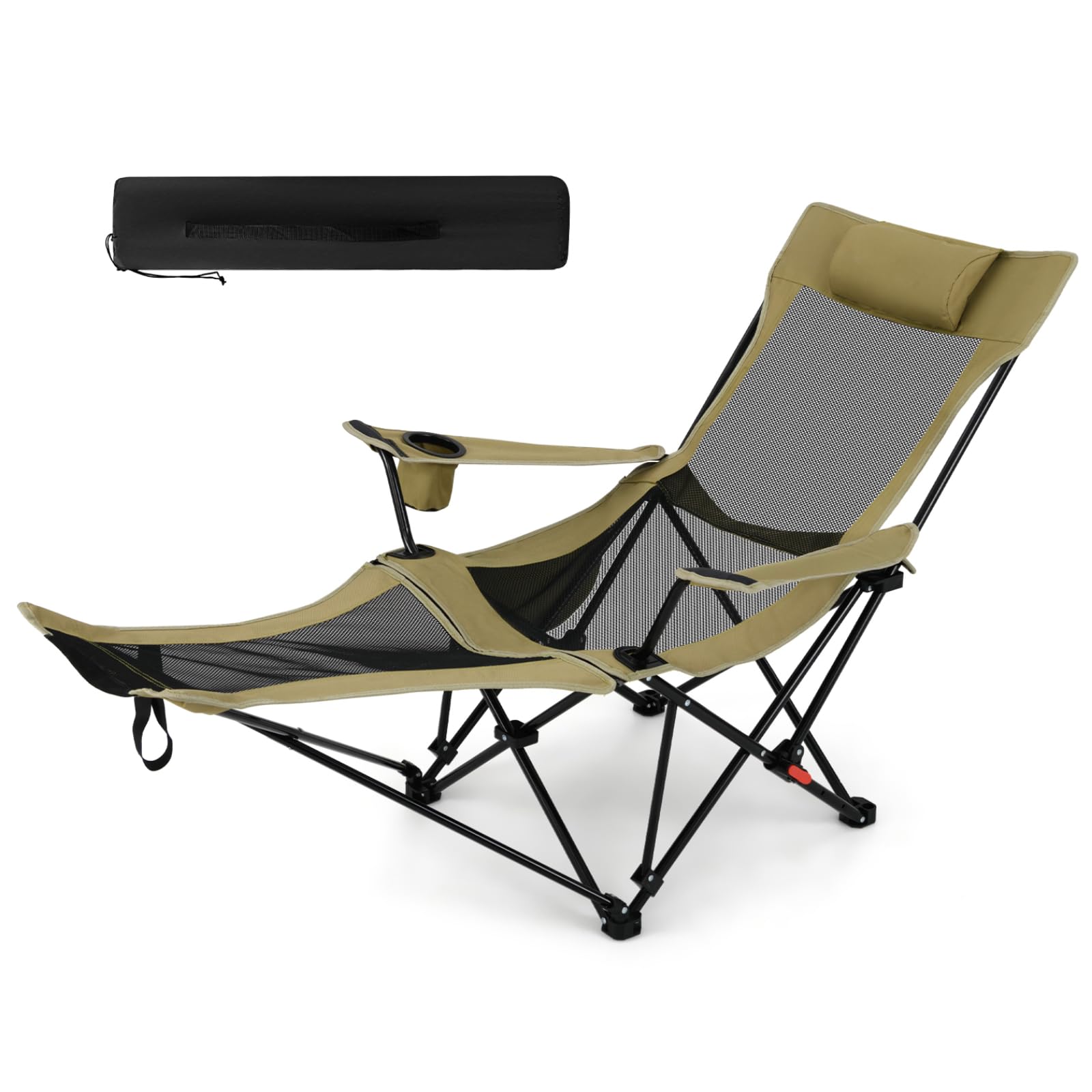 TANGZON Folding Camping Chair, Adjustable Recliner Chair with Removable Footrest, Padded Pillow, Cup Holders & Side Pocket, Portable Lounge Chair for Picnic Hiking Traveling (Khaki)