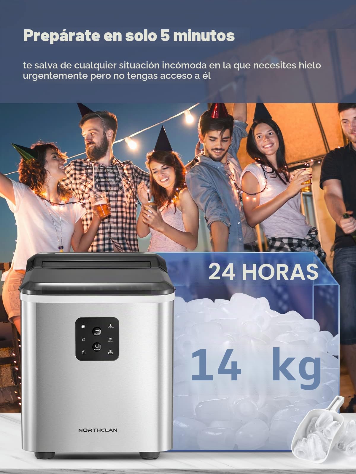 Máquina de cubitos de hielo autolimpiante NORTHCLAN, 14 kg 24 piezas, 3 tamaños de cubitos de hielo, 9 cubitos de hielo en 6 minutos, pantalla LCD y depósito de agua de 2,3 l, fabricador de hielo