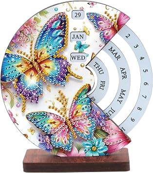 AiYuanzsh Diamond Painting Tabletop Perpetual Calendar 3D DIY Wooden Desk Ornament with Colorful Butterfly Design, Sparkling Diamond Art Kit for Desktop Decoration & Gifts