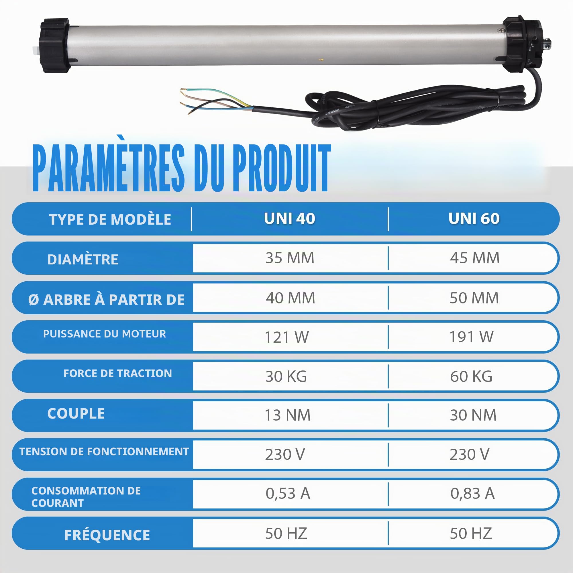 jarolift Moteur Électromécanique Universel Moteur Tubulaire Uni 60 Pour Volets Roulants SW60, Force De Traction 60 kg, Protection Thermique