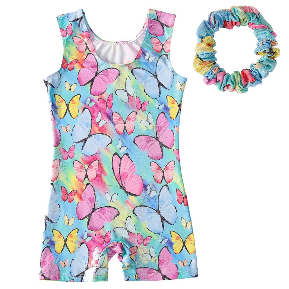 Gymnastics Leotards for Girls Flower Butterfly Rainbow Unitards Sparkle Sleeveless Biketard Kids Athletic Ballerina Dancewear Ballet Dance Costume with Hair Scrunchie Gym Outfit